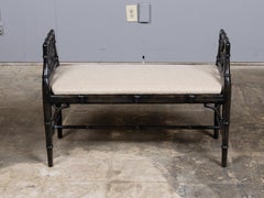 French Chinoiserie Faux Bamboo Upholstered Bench with Lattice Ends, circa 1920