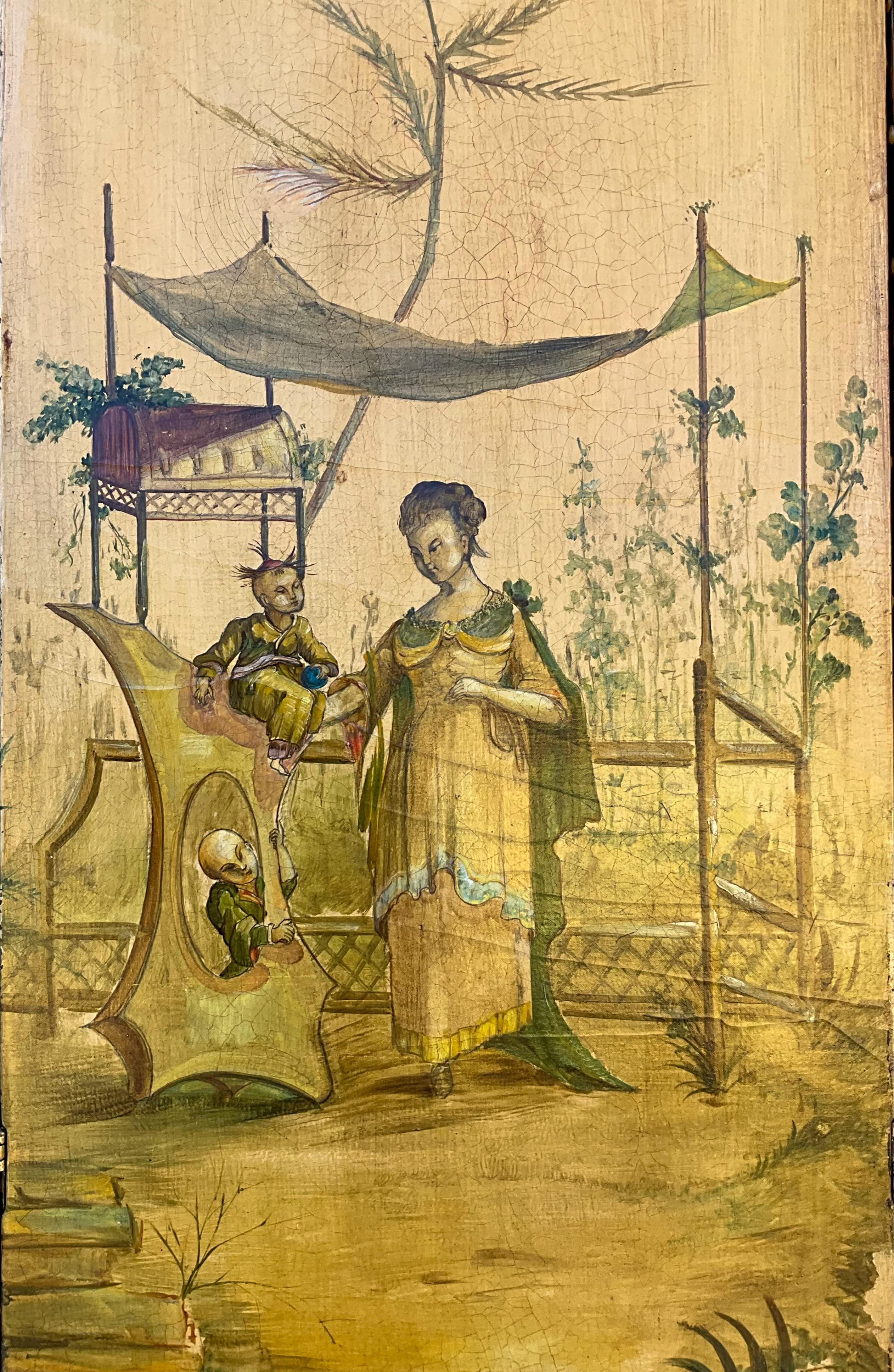 This is a lovely 19th century French chinoiserie hand painted folding screen. From wall to room divider, this is beautiful compliment to any space! It is an oil on canvas, and does have some general age wear. 


