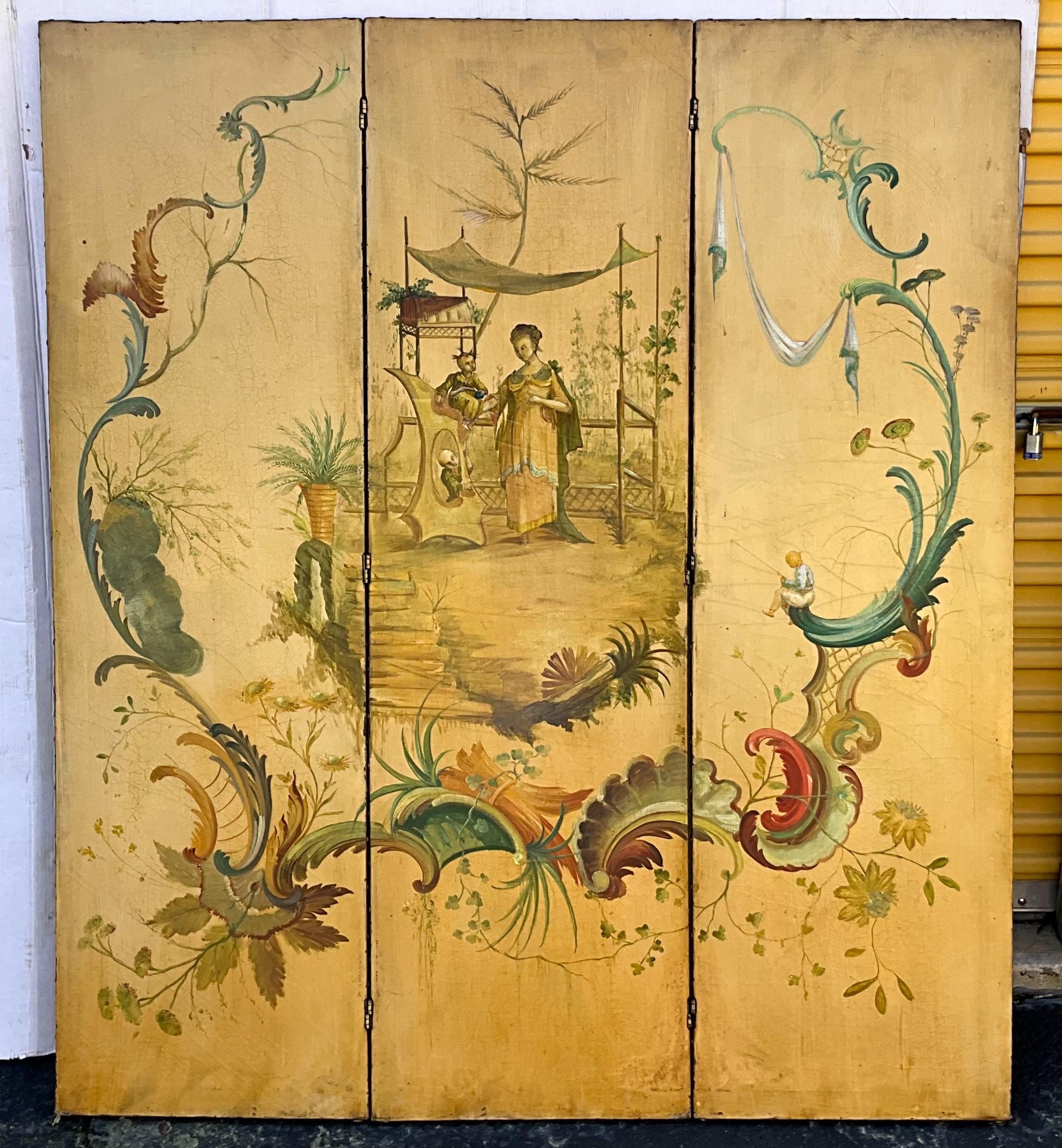 French Chinoiserie Gracie Inspired Oil On Canvas Screen / Panels / Room Divider In Good Condition For Sale In Kennesaw, GA