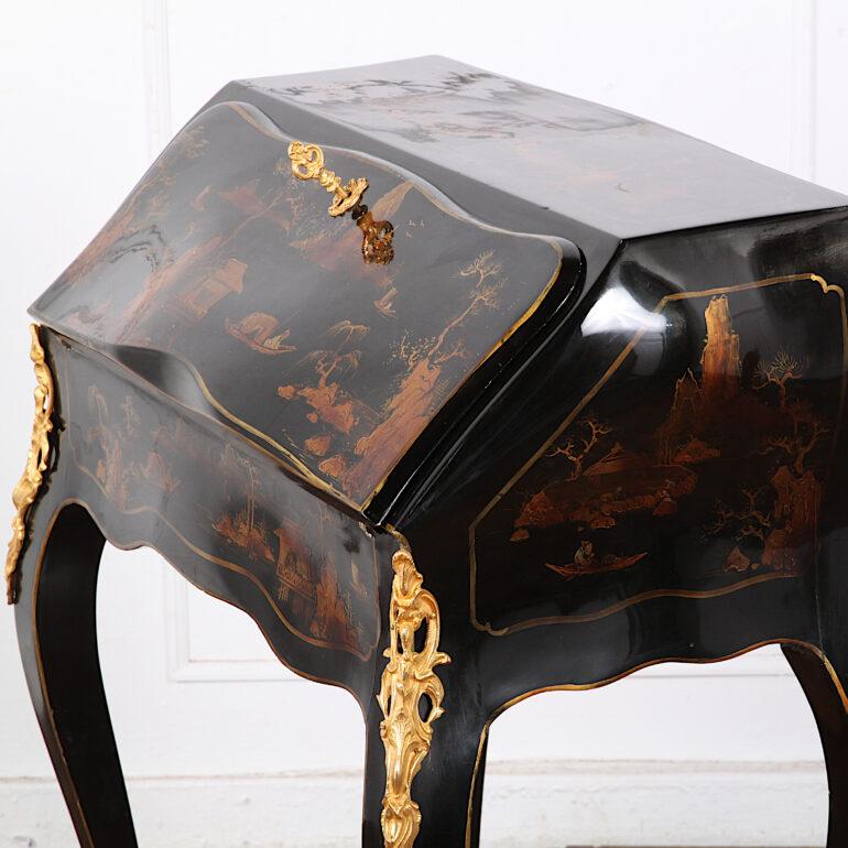 Louis XV French Chinoiserie Lacquered Bombe Writing Desk or Bureau