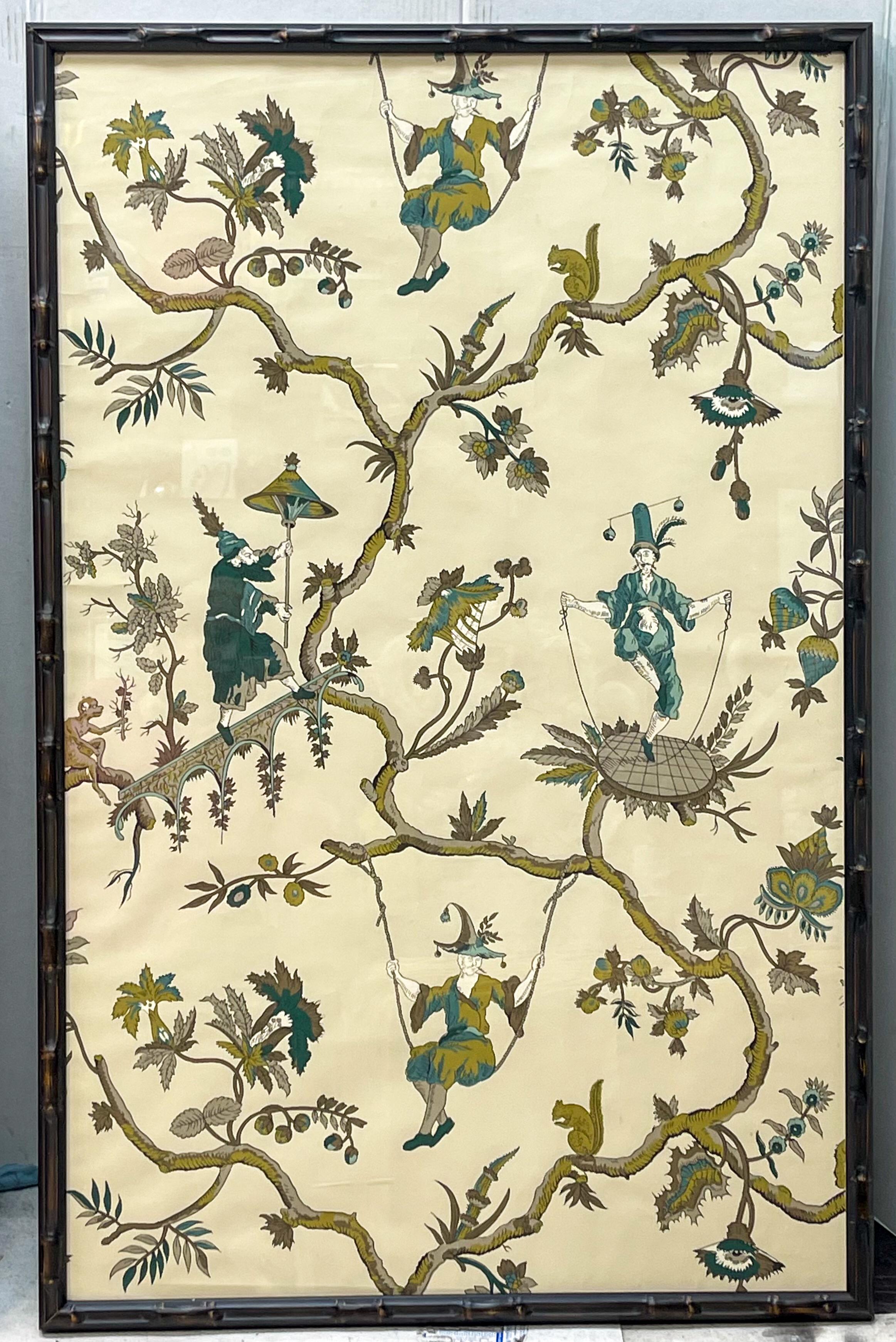 French Chinoiserie Panels by A.L. Diament & Co. in Faux Bamboo Frames, S/2 In Good Condition In Kennesaw, GA