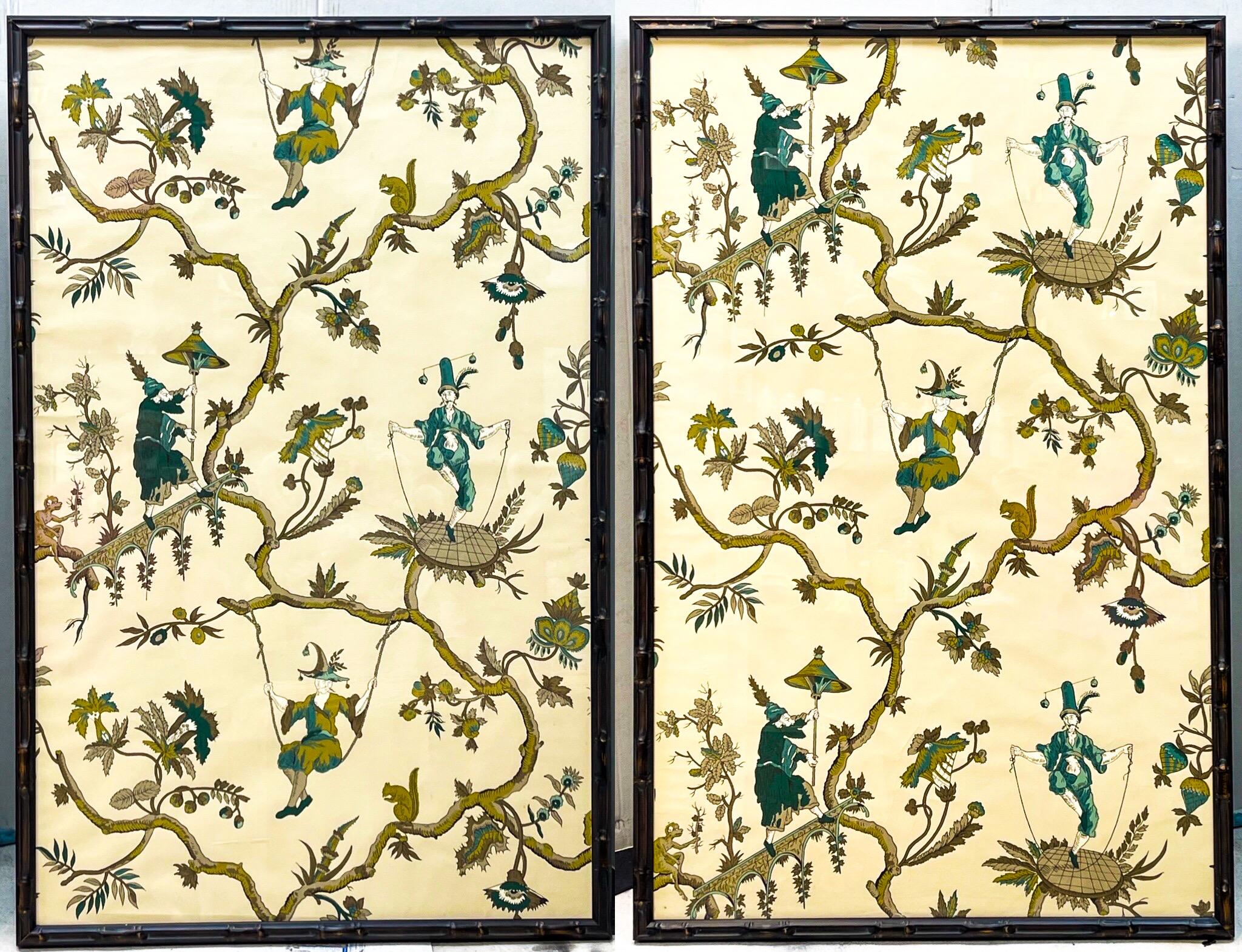 French Chinoiserie Panels by A.L. Diament & Co. in Faux Bamboo Frames, S/2 2