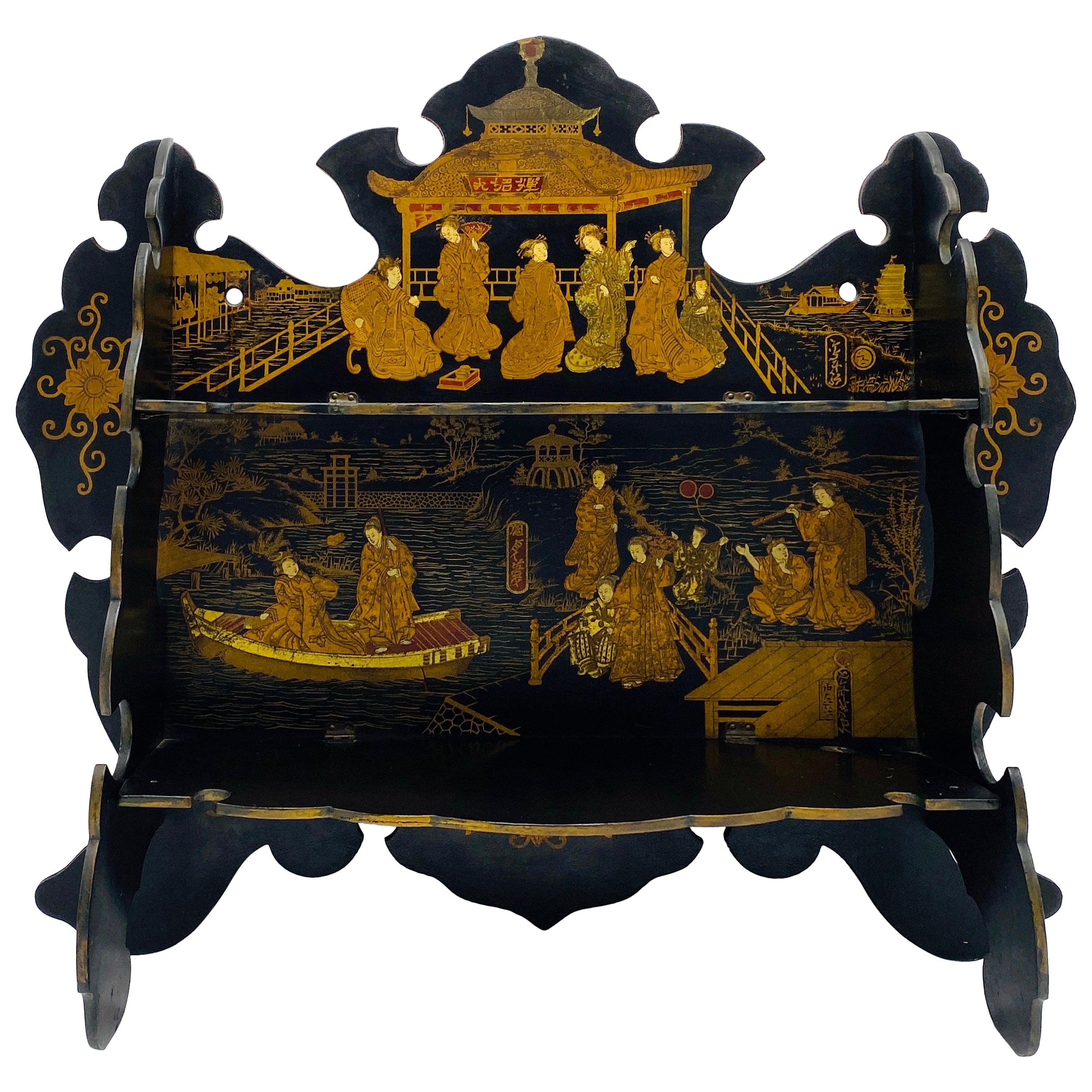 French Chinoiserie Papier Mâché Shelf with an Ornate Pagoda Motif, 19th Century For Sale