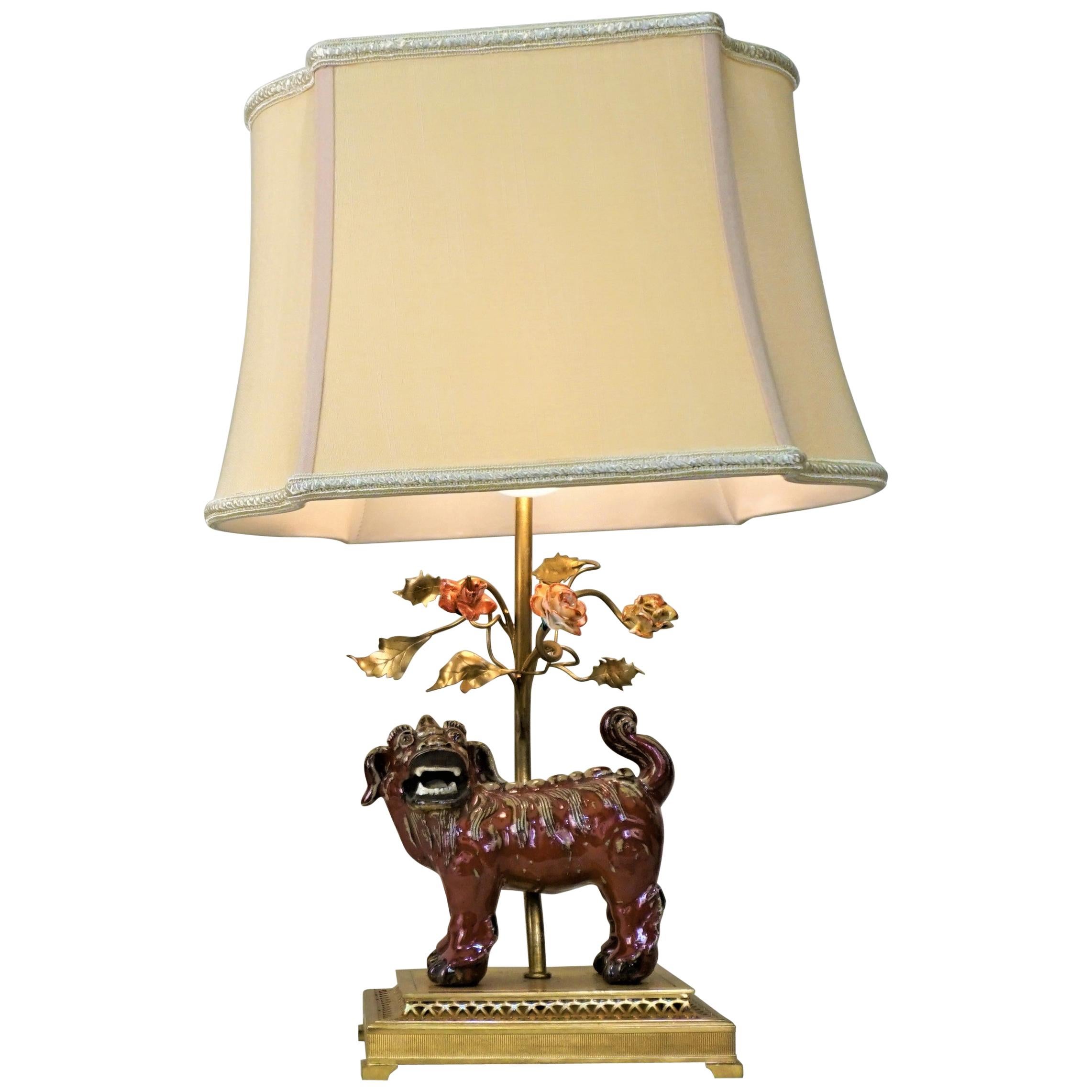 French Chinoiserie Porcelain Foo Dog Table Lamp