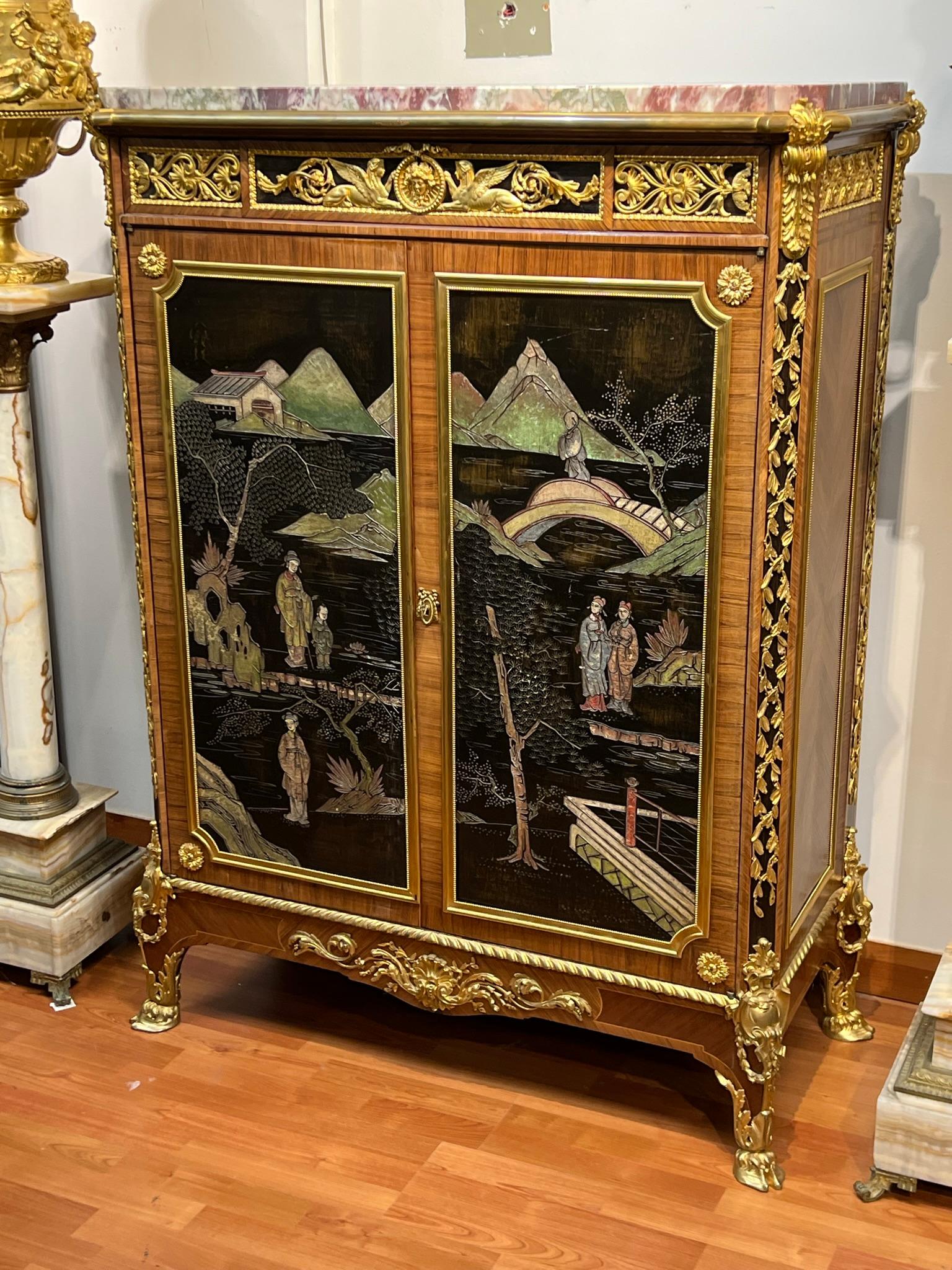 Gilt French Chinoiserie Side Cabinet in Louis XVI Style with Coromandel Panels c1900