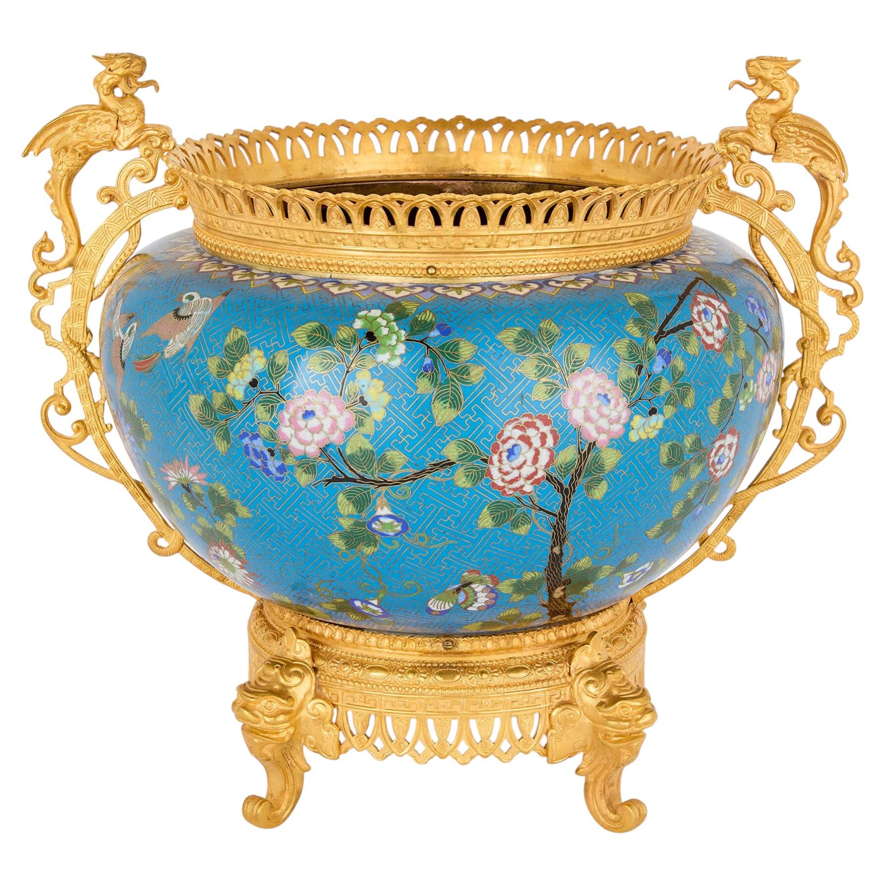 French Chinoiserie-Style Cloisonné Enamel and Ormolu Jardinière