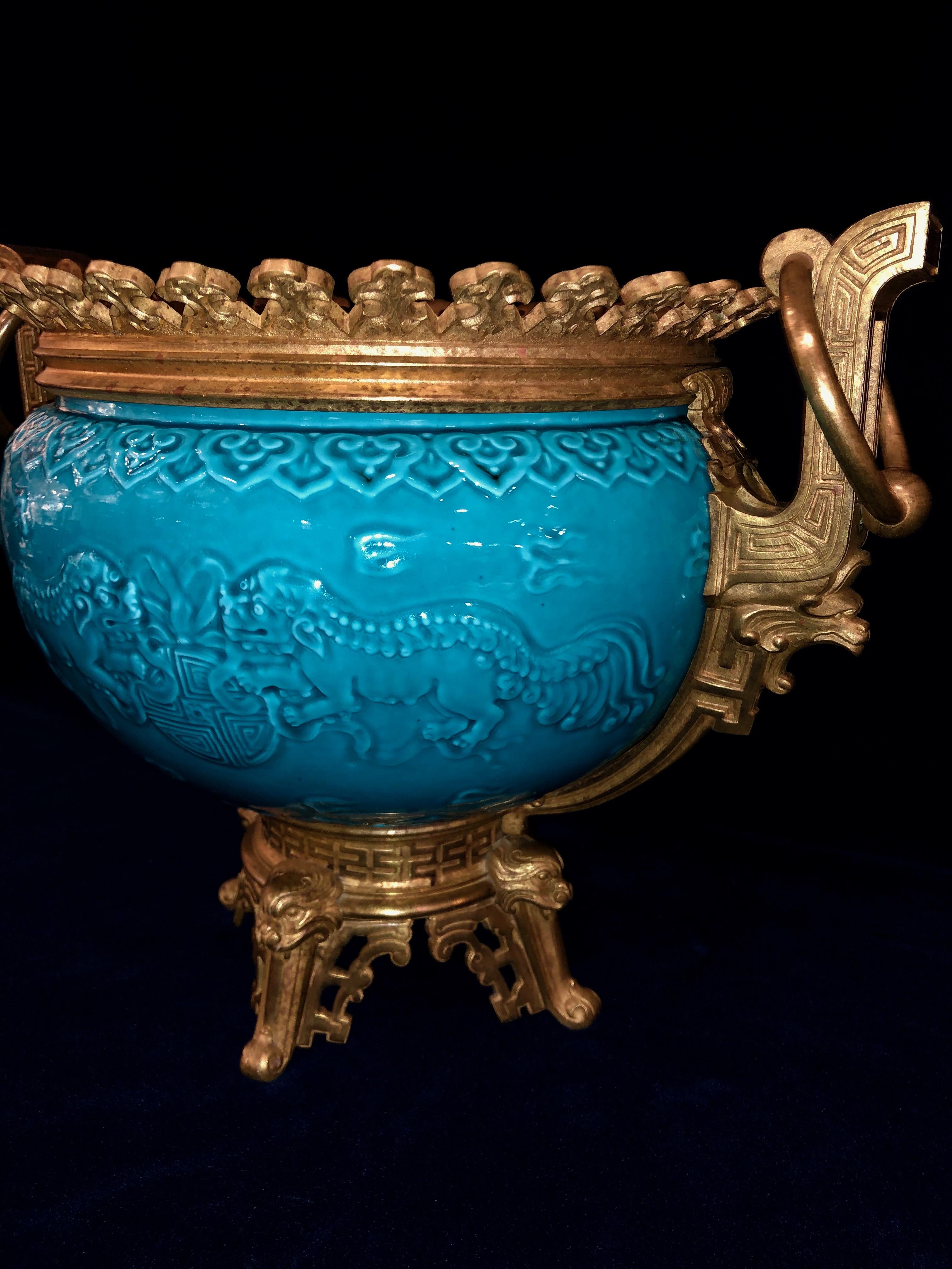 French Chinoiserie Style Earthenware Turquoise Blue Ground Planter or Jardinière For Sale 4