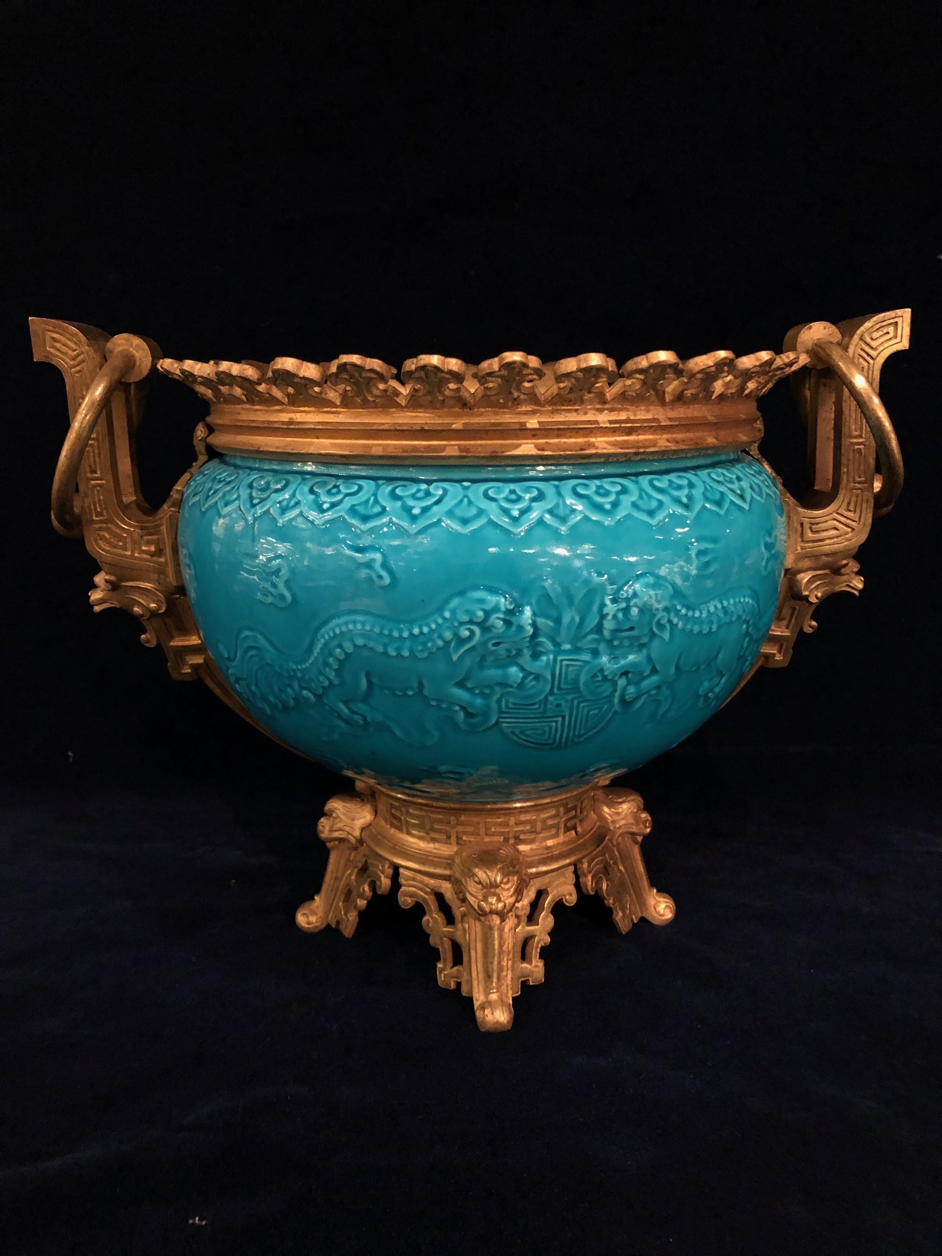 French Chinoiserie Style Earthenware Turquoise Blue Ground Planter or Jardinière For Sale 5