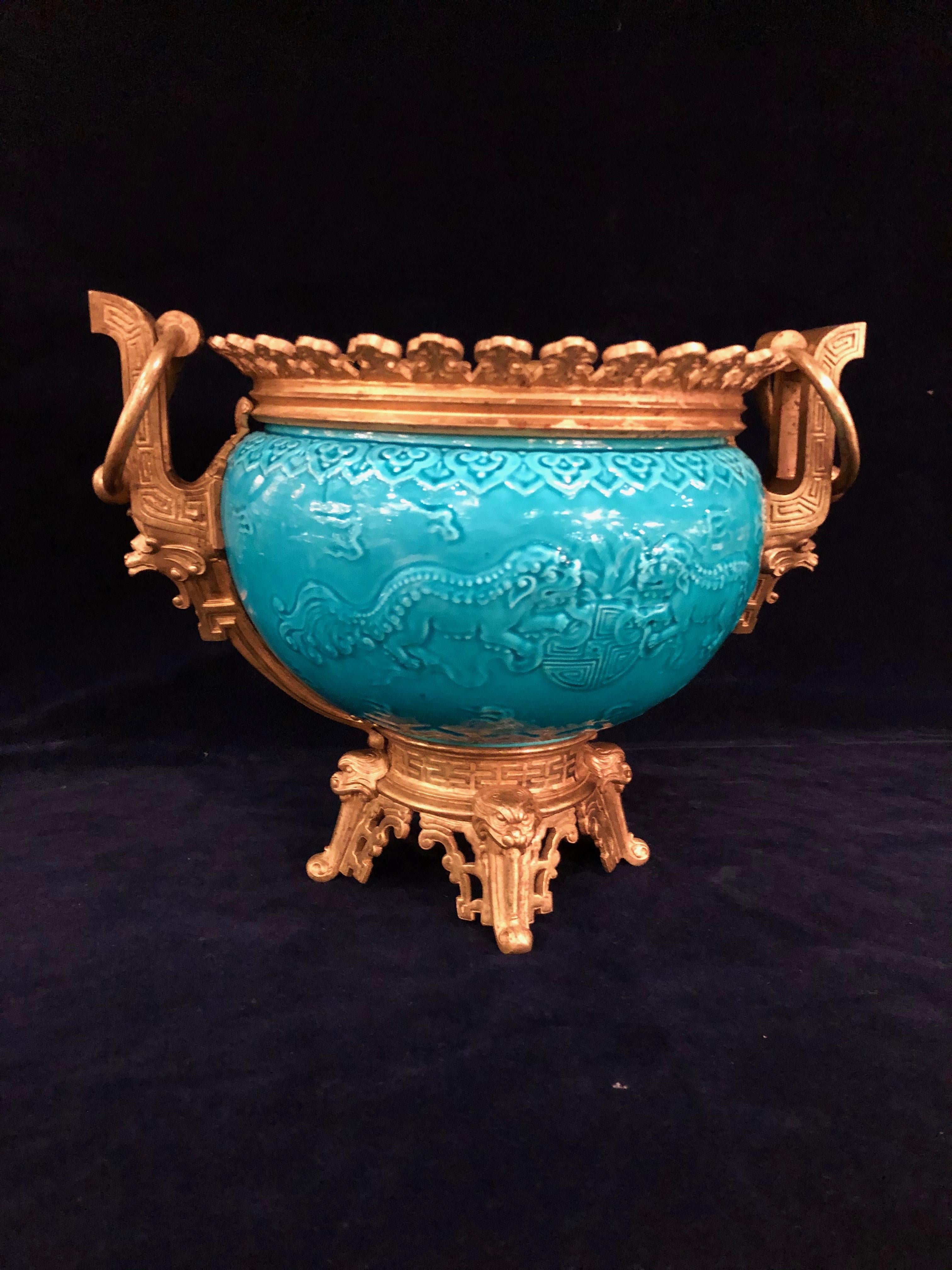 French Chinoiserie Style Earthenware Turquoise Blue Ground Planter or Jardinière For Sale 6