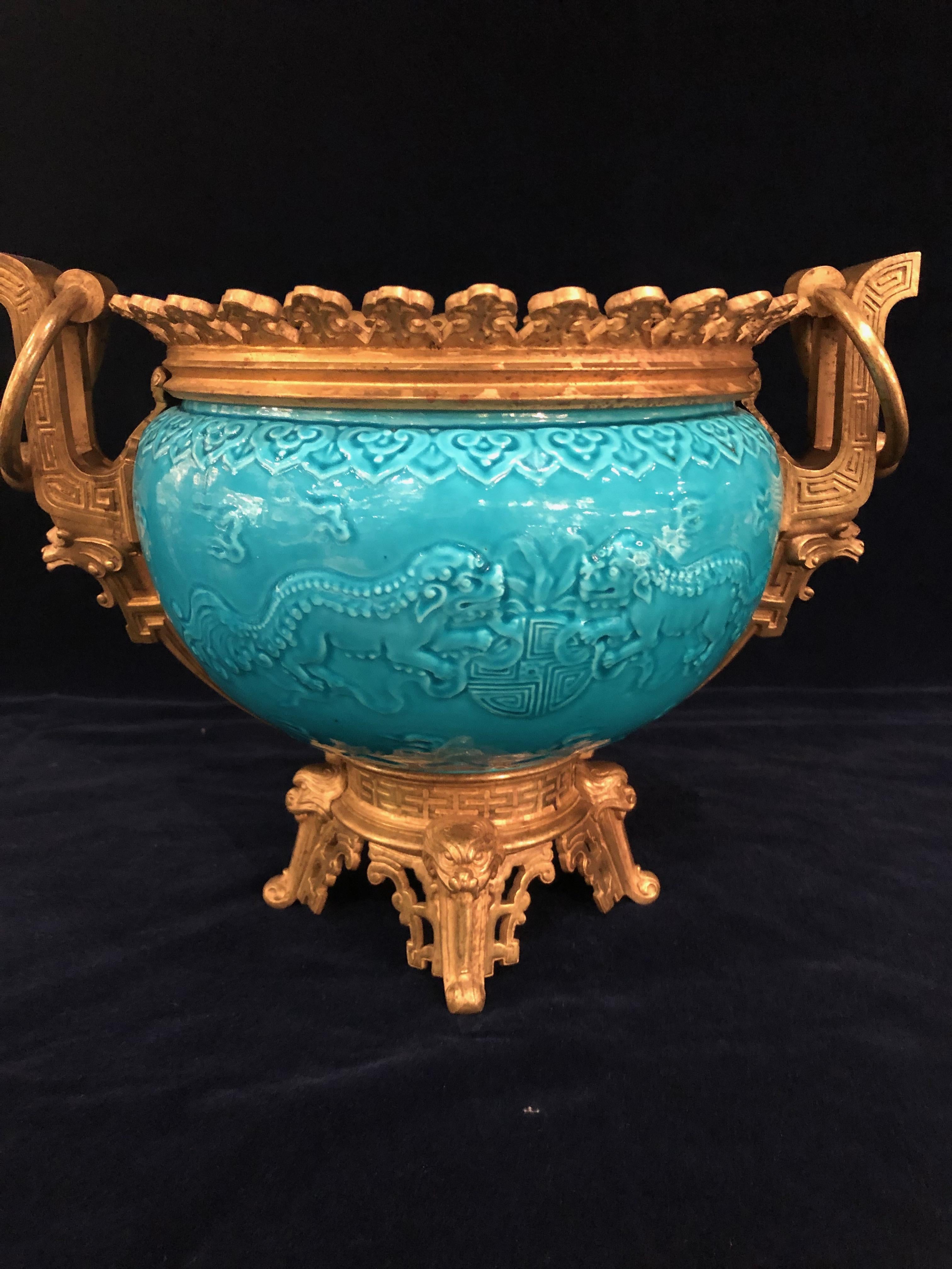 Gilt French Chinoiserie Style Earthenware Turquoise Blue Ground Planter or Jardinière For Sale