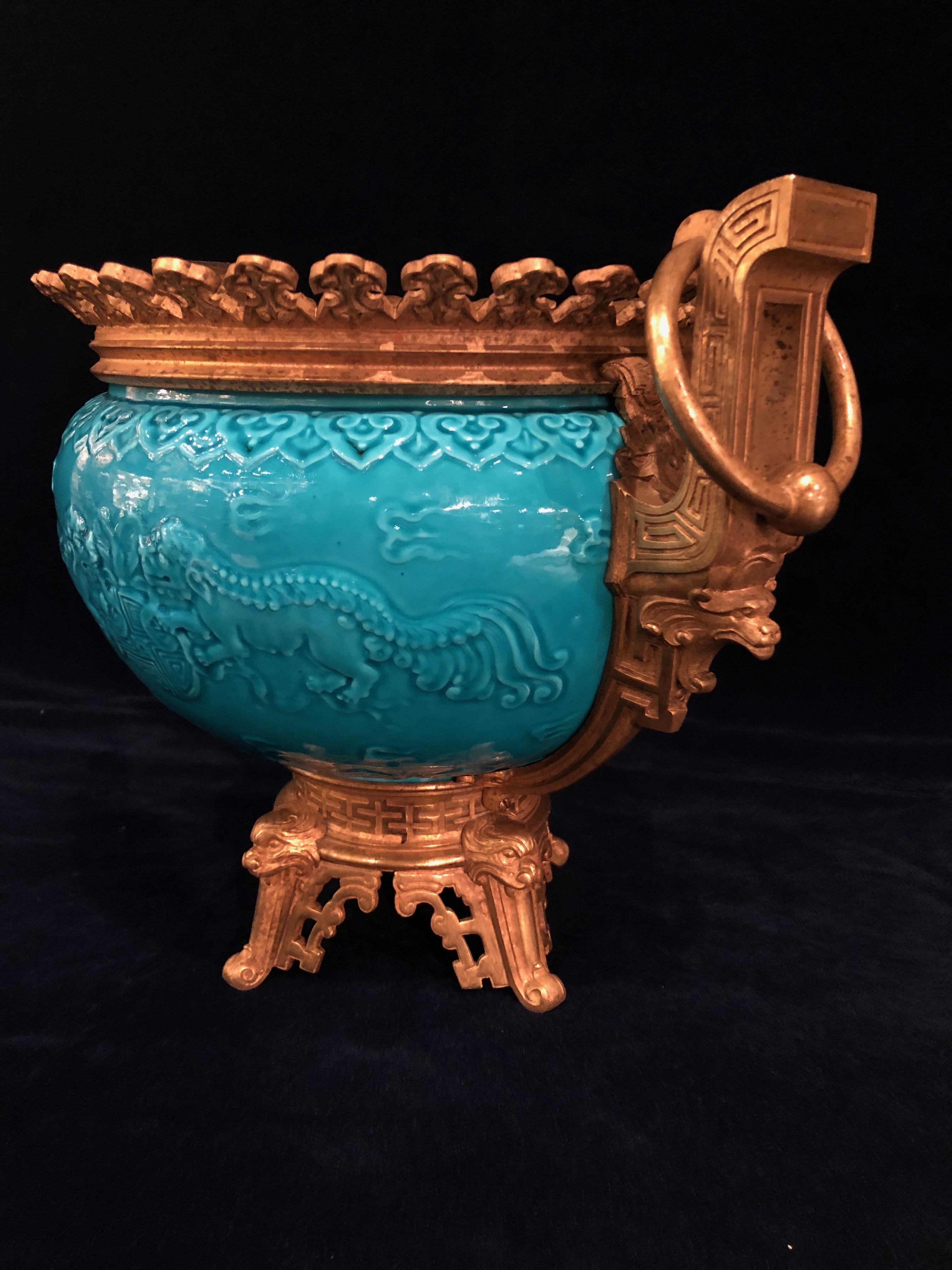 French Chinoiserie Style Earthenware Turquoise Blue Ground Planter or Jardinière In Good Condition For Sale In New York, NY