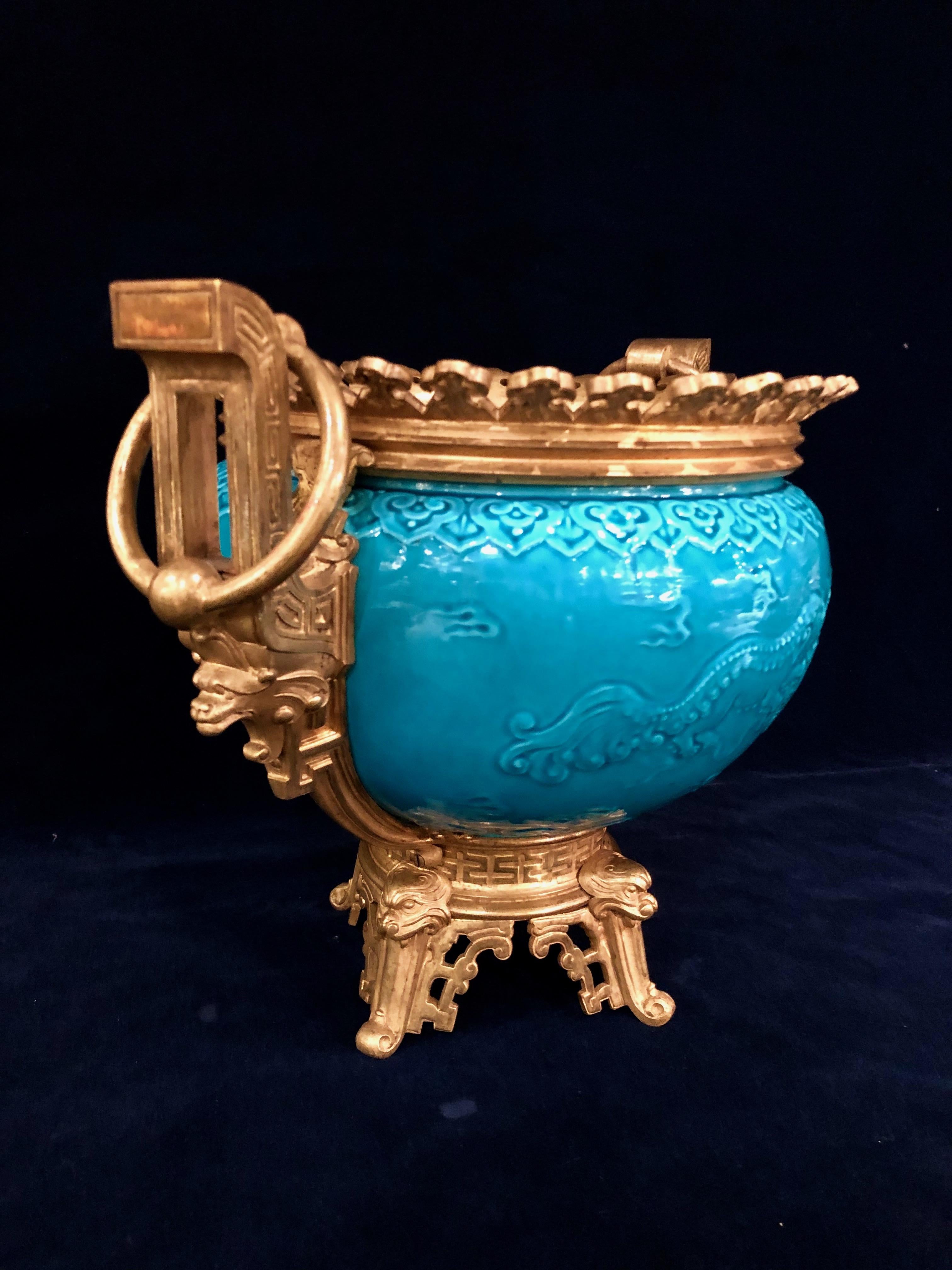 Late 19th Century French Chinoiserie Style Earthenware Turquoise Blue Ground Planter or Jardinière For Sale
