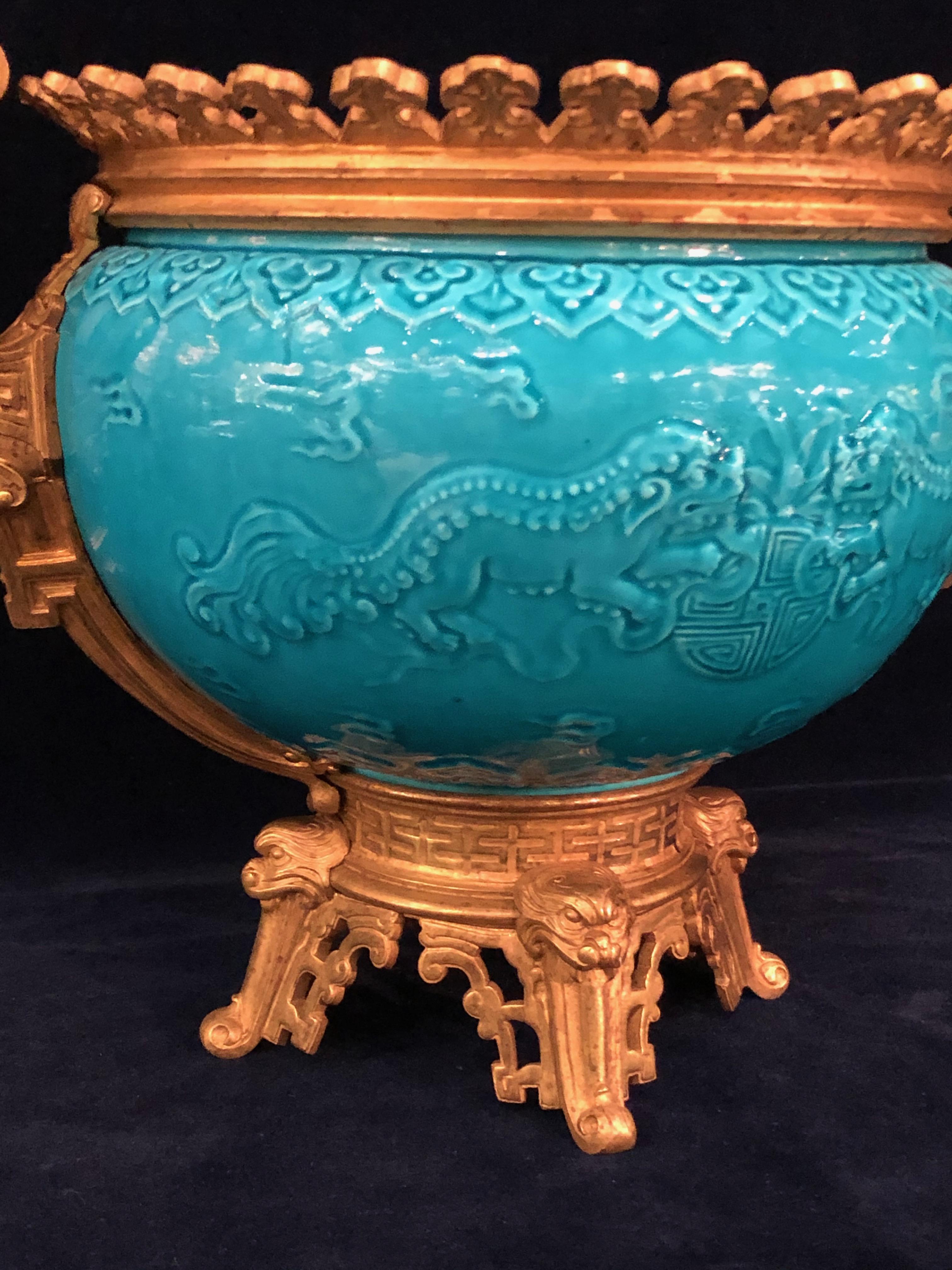Bronze French Chinoiserie Style Earthenware Turquoise Blue Ground Planter or Jardinière For Sale
