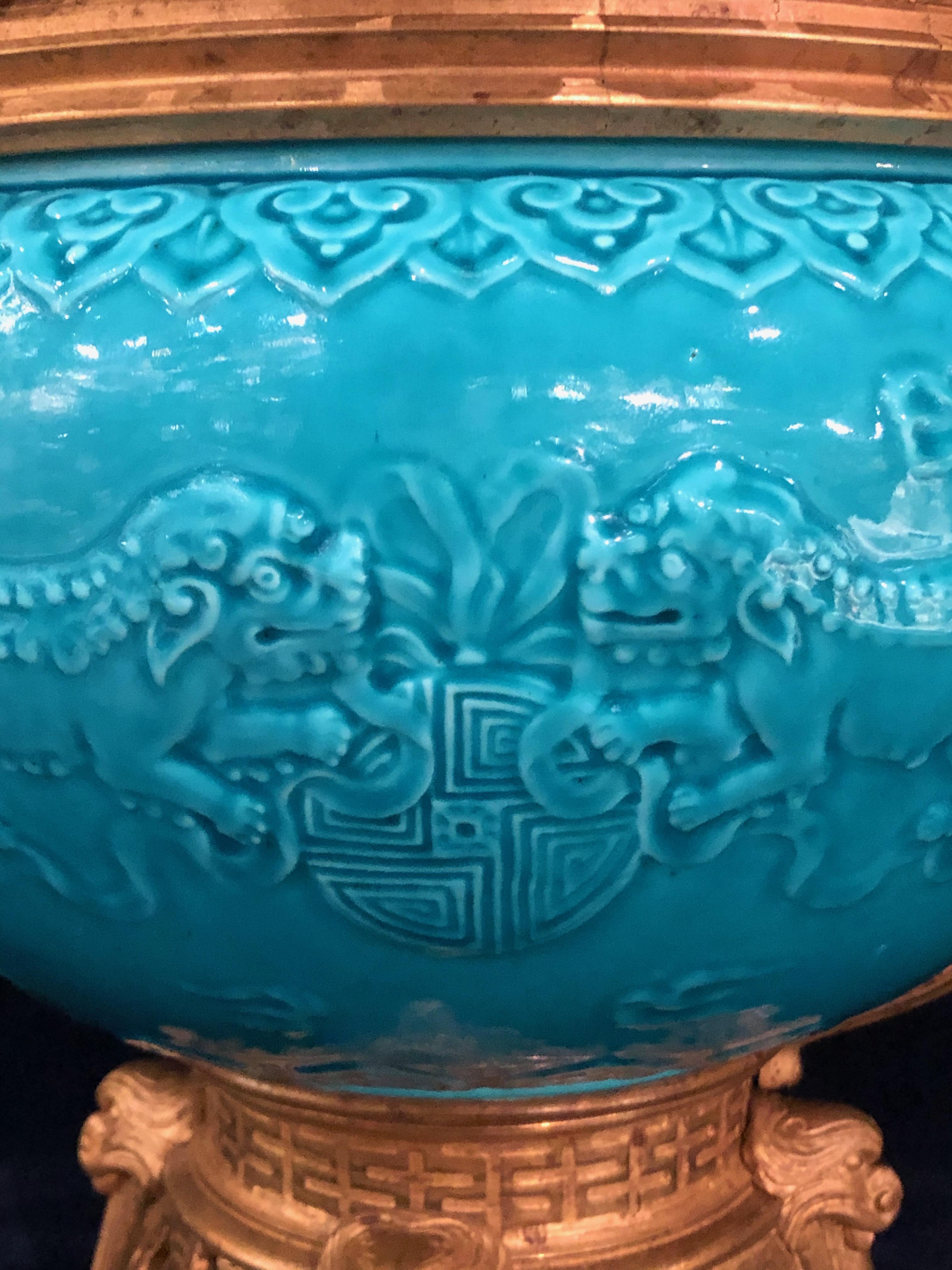 French Chinoiserie Style Earthenware Turquoise Blue Ground Planter or Jardinière For Sale 1