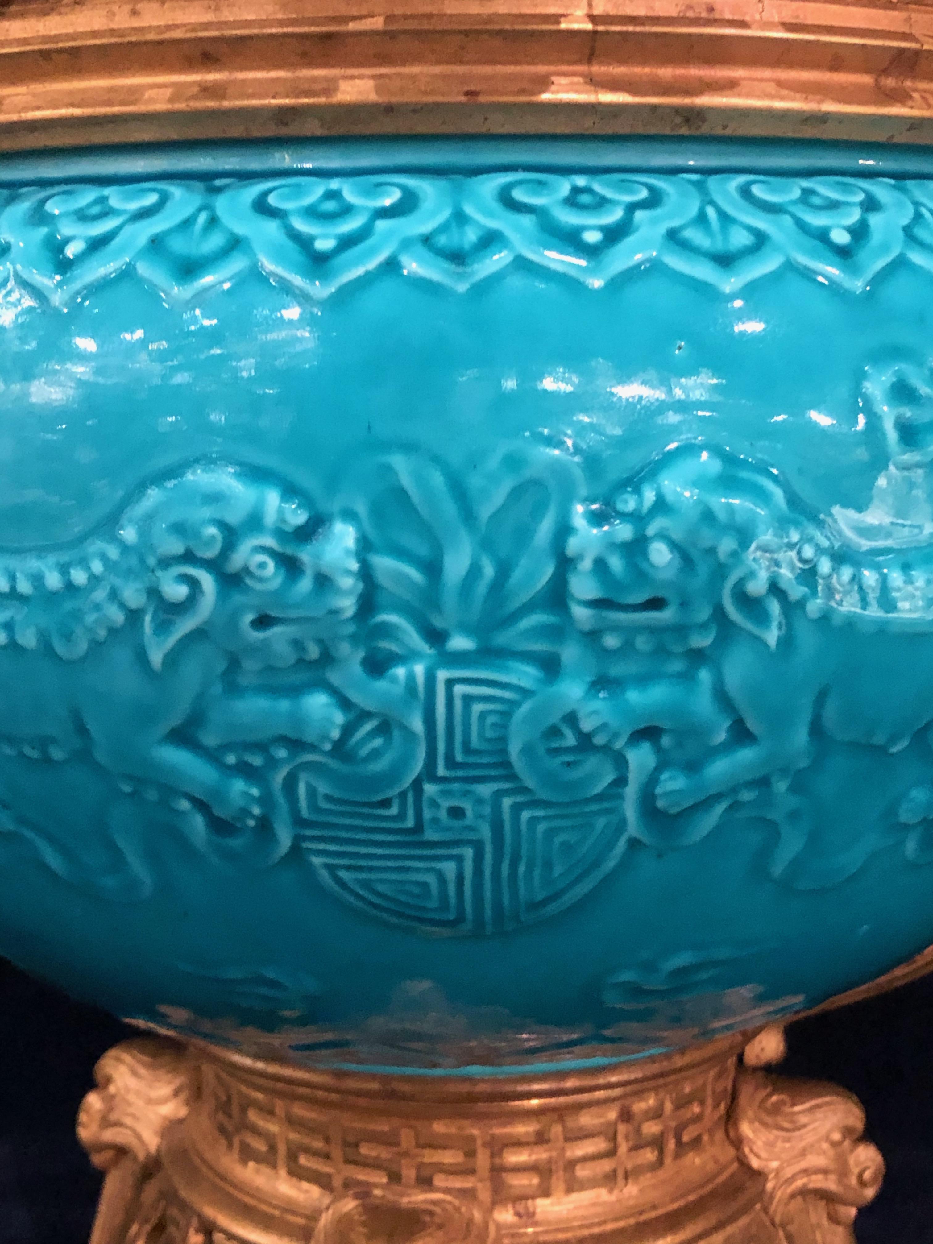 Französisch Chinoiserie Stil Steingut türkisblau Boden Pflanzer oder Jardinière im Angebot 1