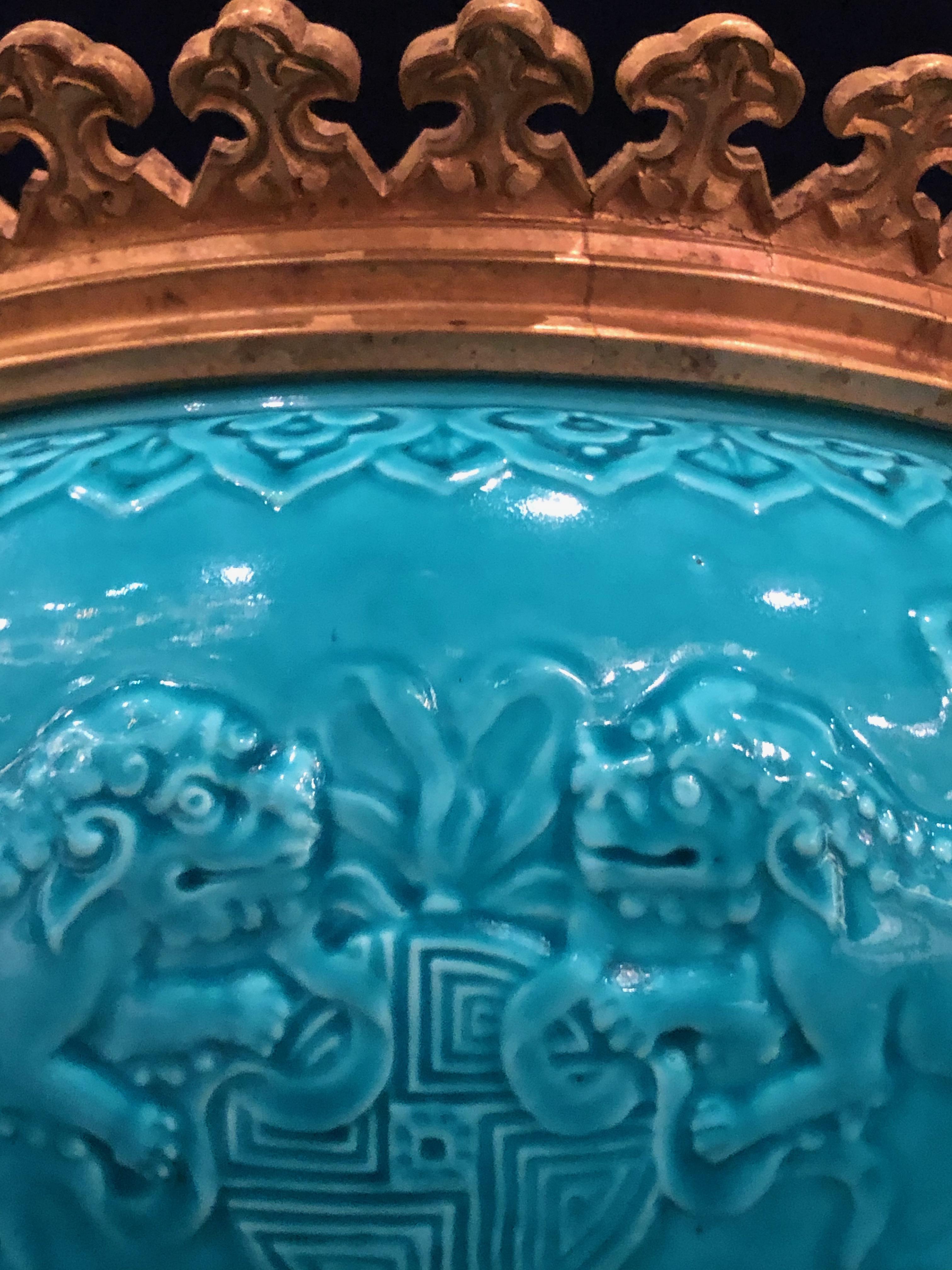 French Chinoiserie Style Earthenware Turquoise Blue Ground Planter or Jardinière For Sale 2