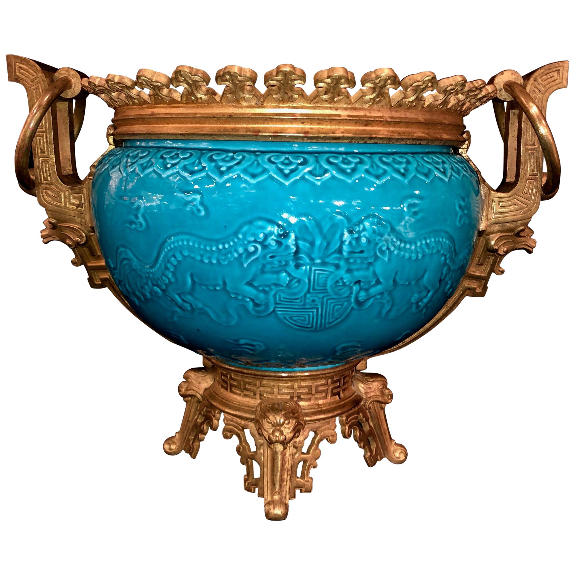 French Chinoiserie Style Earthenware Turquoise Blue Ground Planter or Jardinière