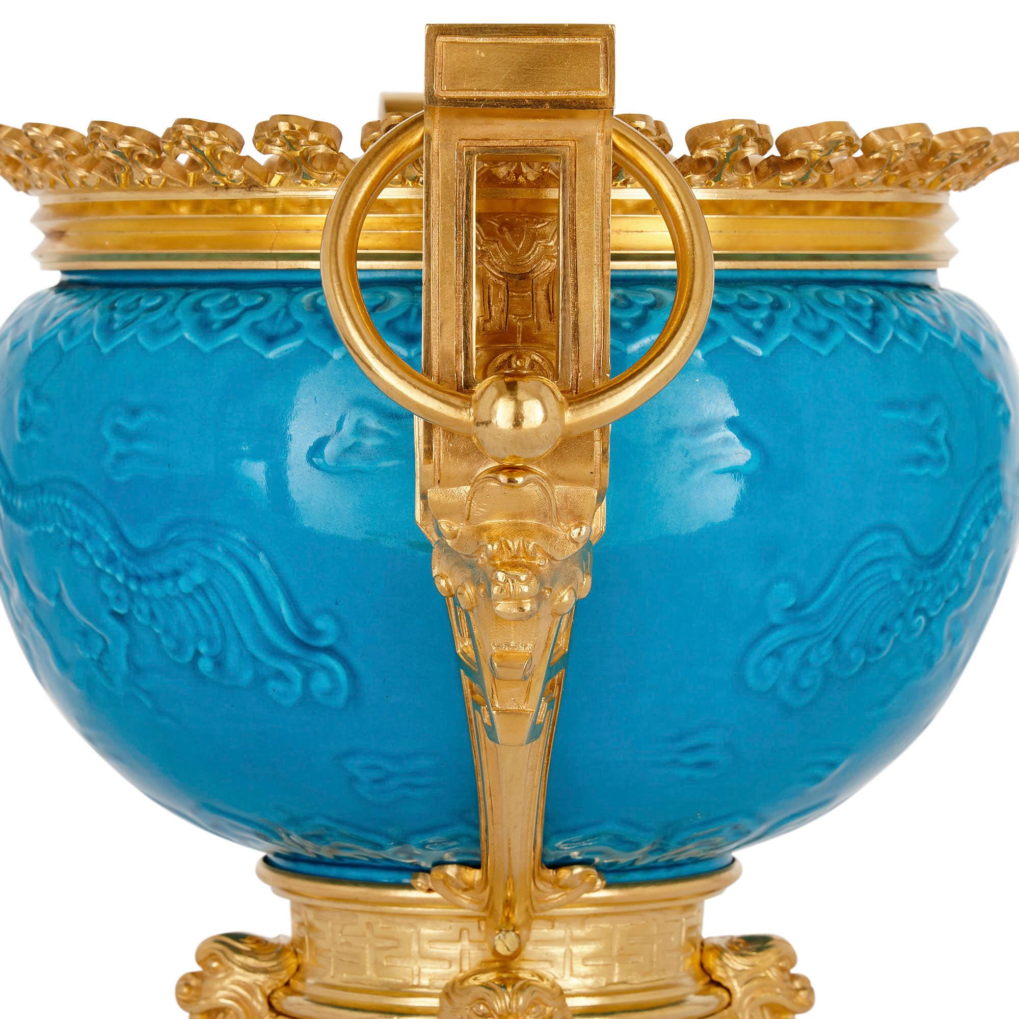 French Chinoiserie Style Gilt Bronze and Faience Jardinière In Good Condition In London, GB