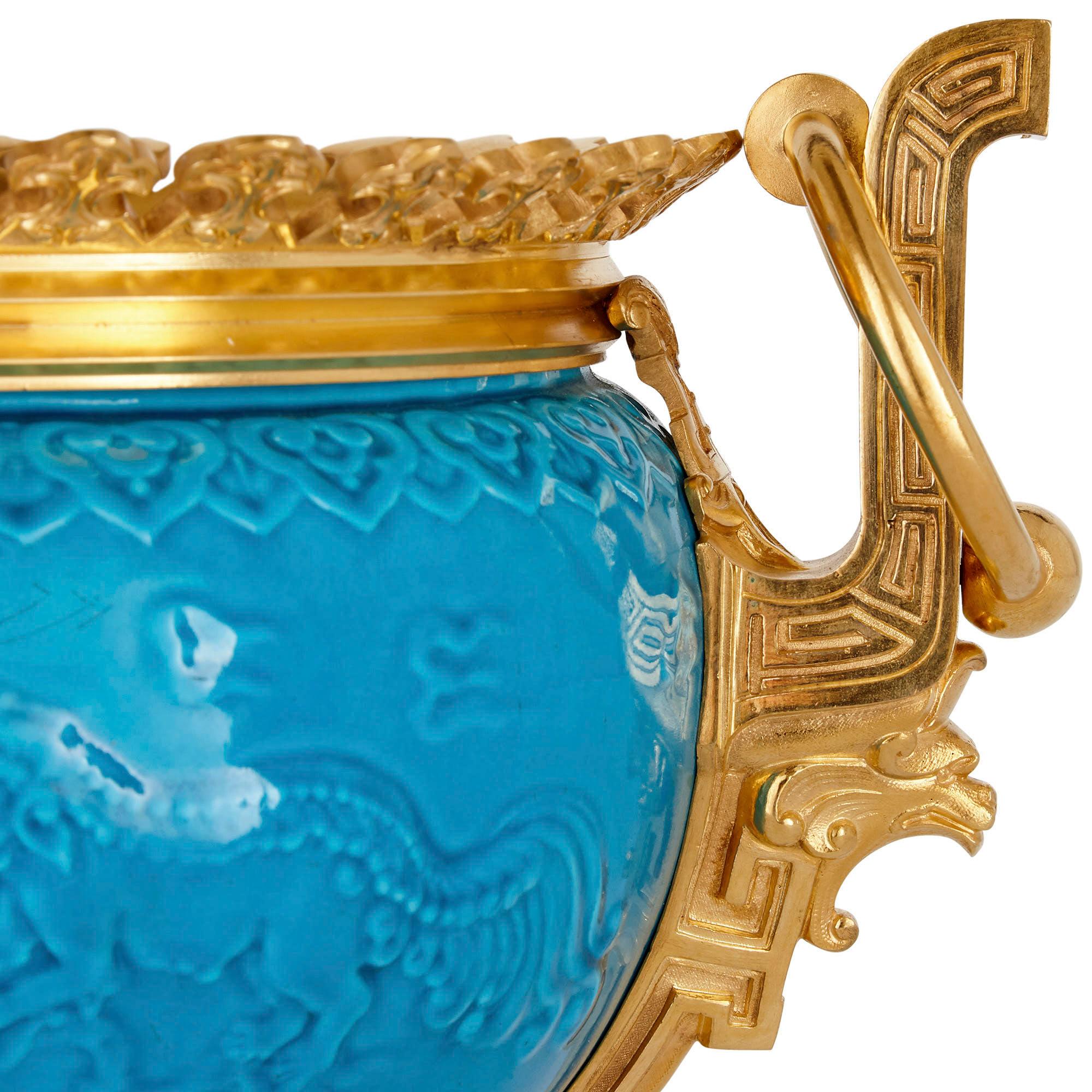 19th Century French Chinoiserie Style Gilt Bronze and Faience Jardinière