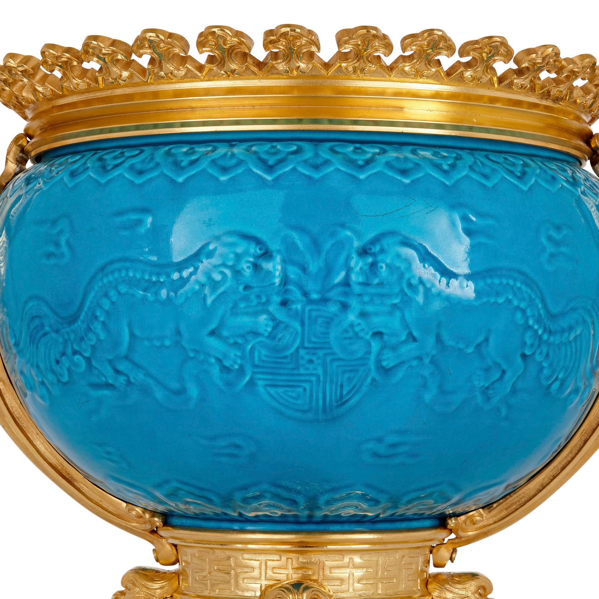 French Chinoiserie Style Gilt Bronze and Faience Jardinière 2