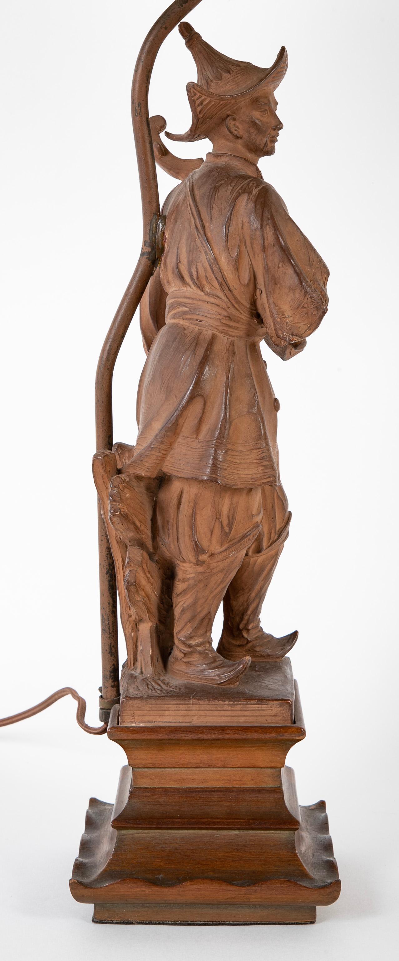 Hand-Carved French Chinoiserie Style Terracotta Musician Mounted as Lamp For Sale