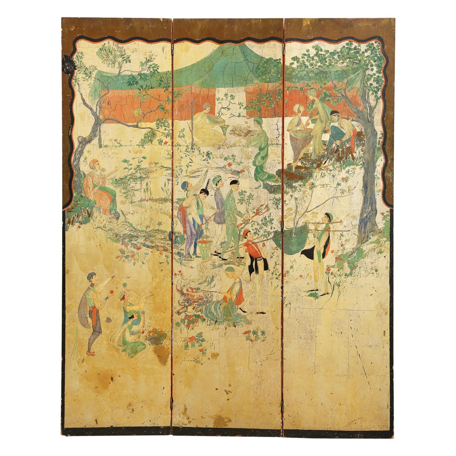 French Chinoiserie Style Three Panel Harvest Screen For Sale