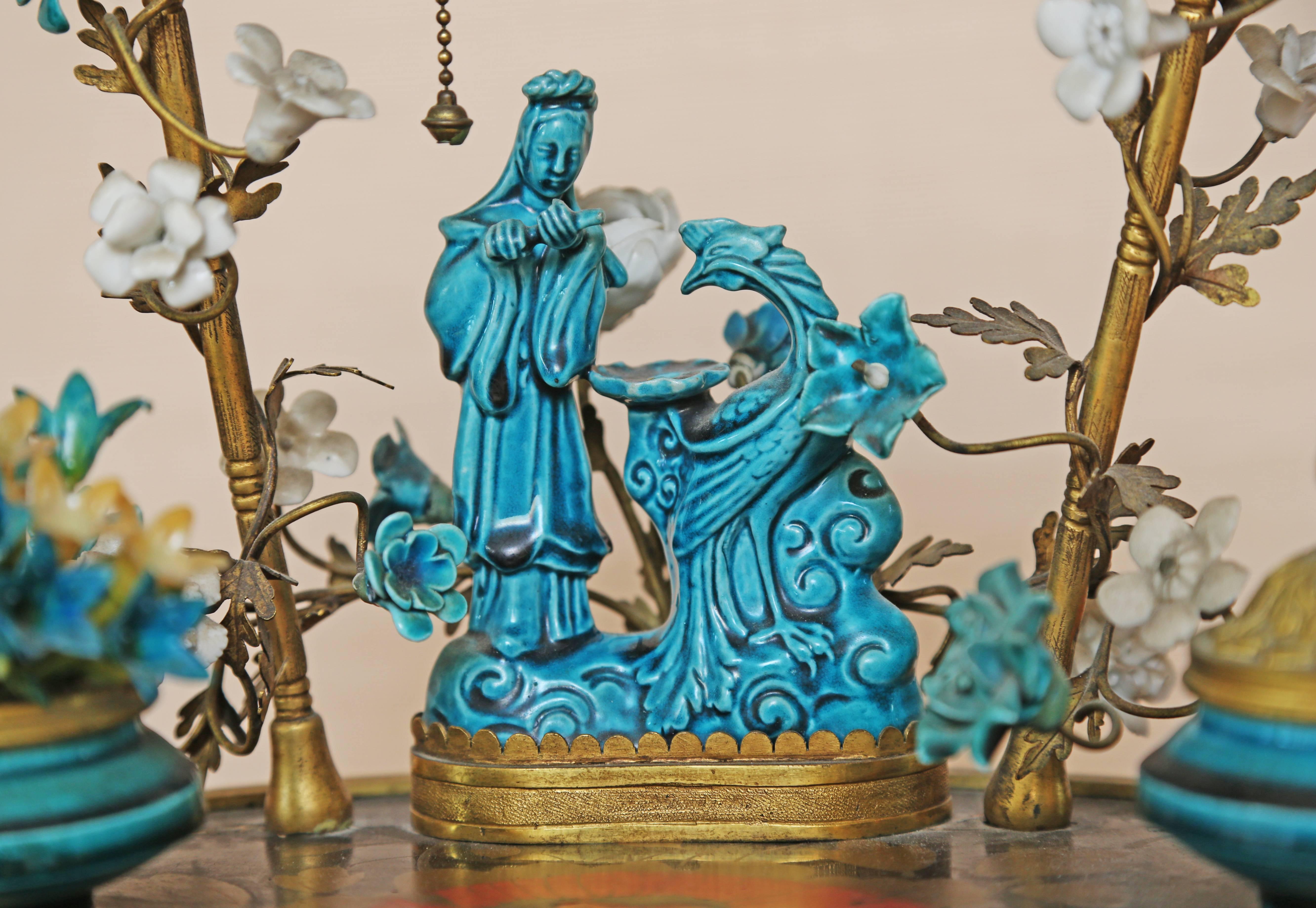 Lámpara de mesa de porcelana francesa Chinoiserie Turquesa-Azul Encrier Francés en venta