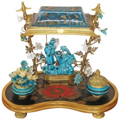 Antique French Chinoiserie Turquoise-Blue Porcelain Encrier Table Lamp