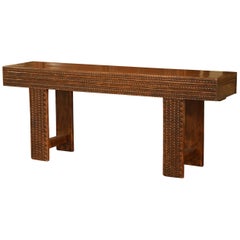 French Chip Carved Walnut Sofa Console Table with End Drawers from the Pyrenees