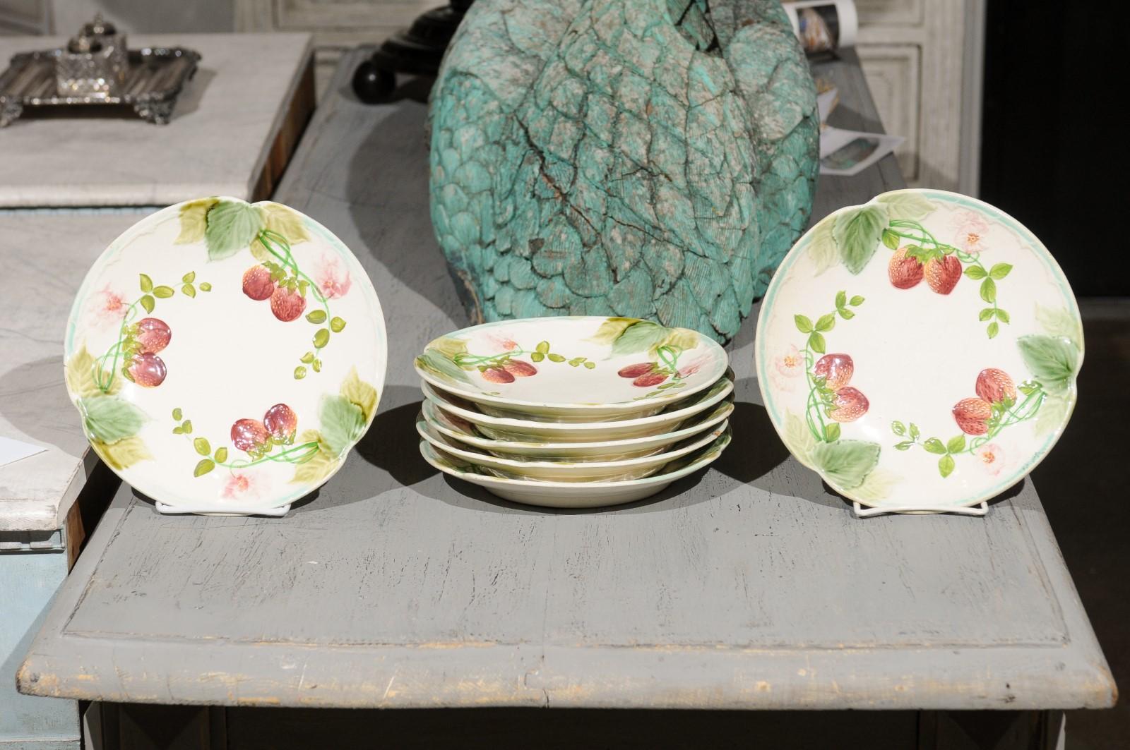 Seven French Choisy-le-Roi Majolica strawberry plates from the second half of the 19th century, priced and sold individually. Charming our eyes with their lovely decor, each of these Majolica plates were produced in the faience factory of