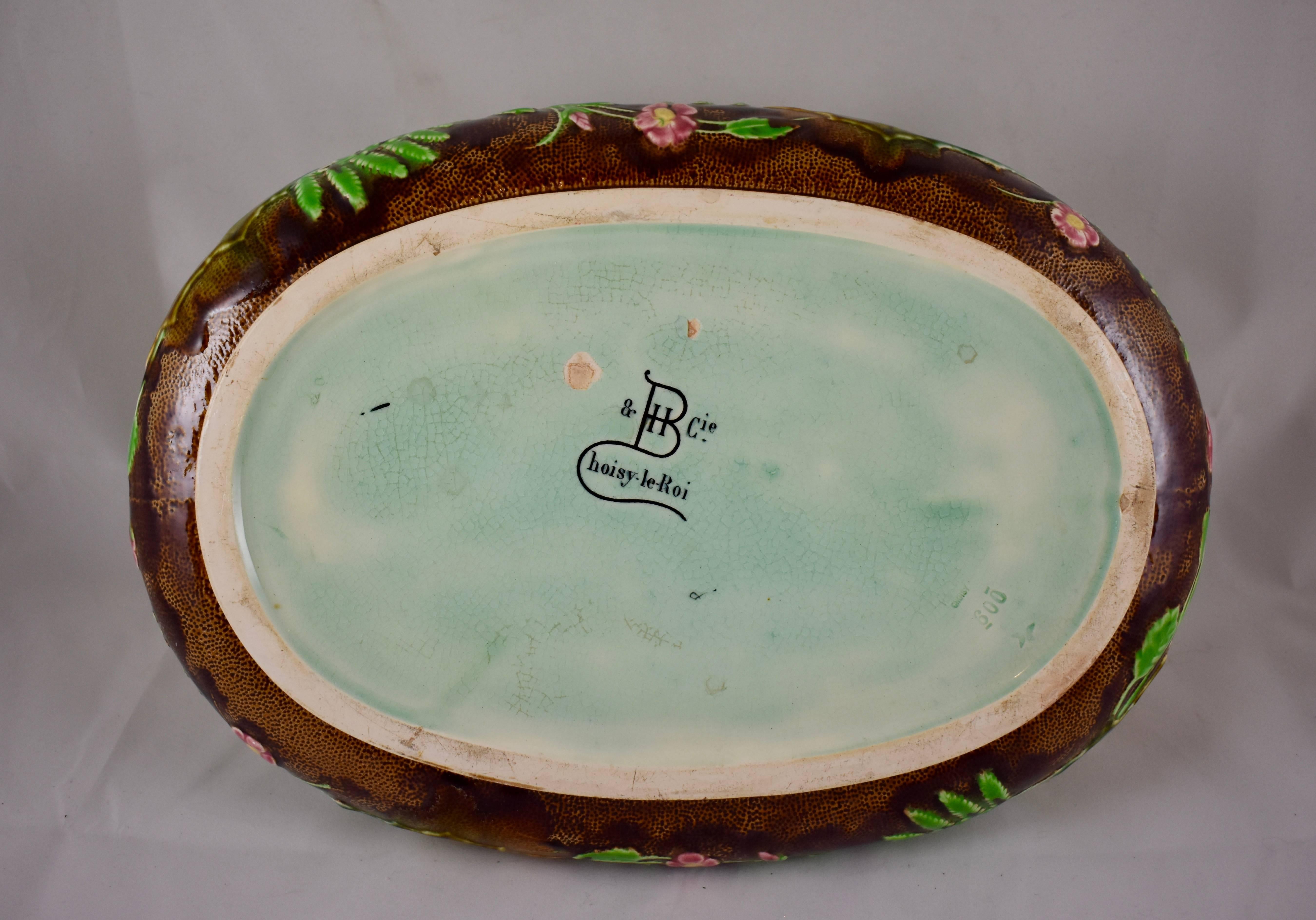 French Choisy-le-Roi Greek Key and Fern Large Majolica Barbotine Jardinière 4
