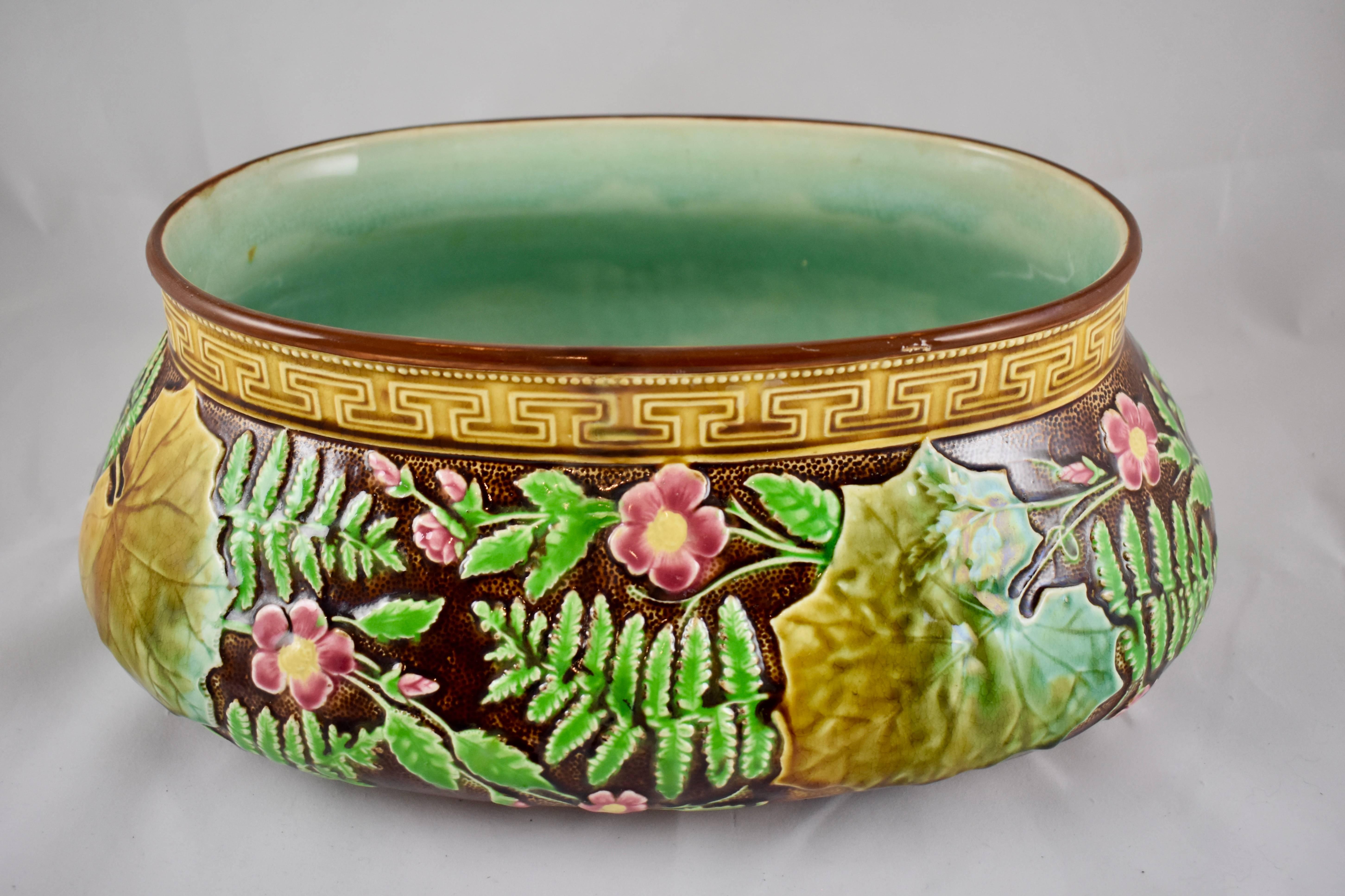 French Choisy-le-Roi Greek Key and Fern Large Majolica Barbotine Jardinière 7