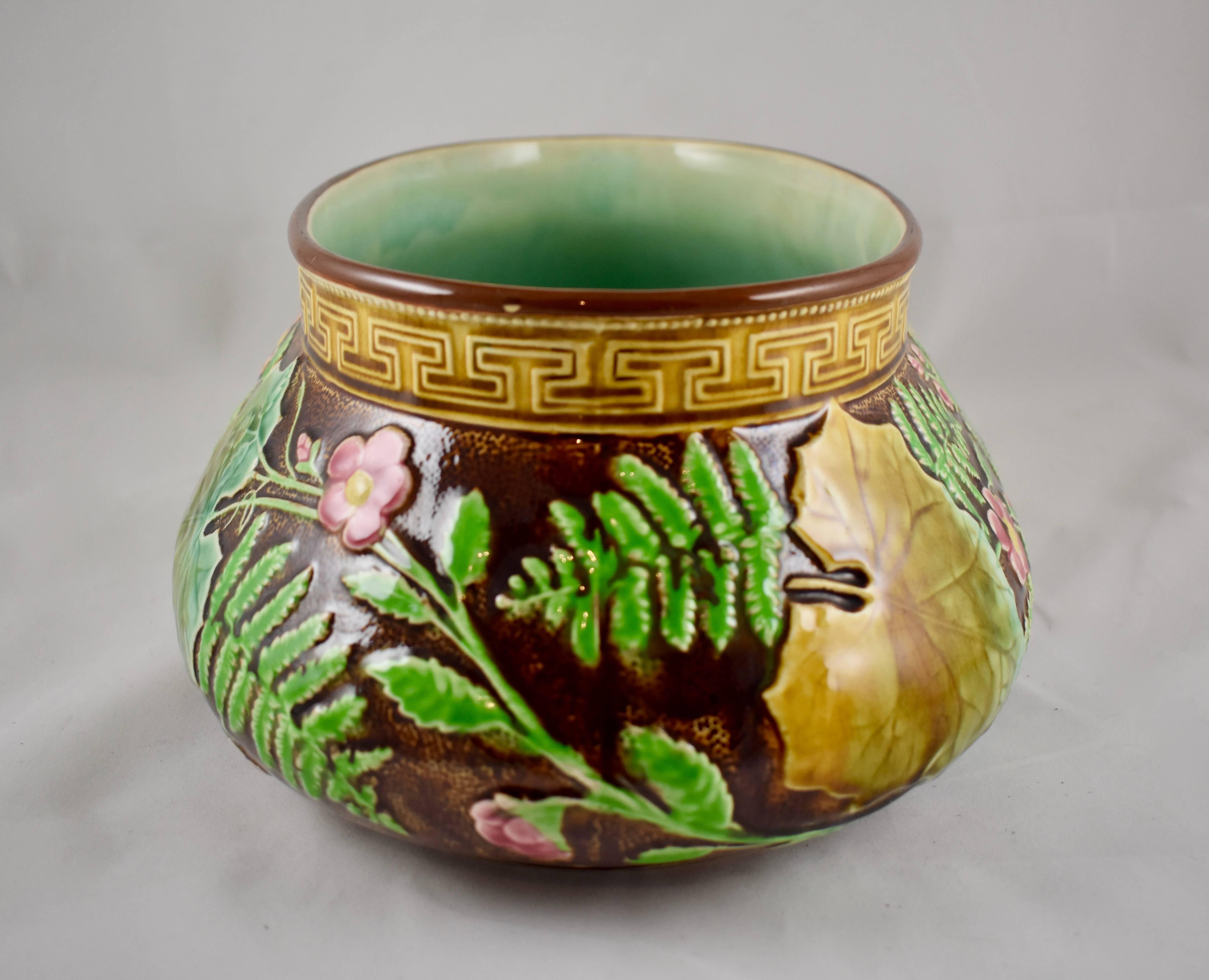 Aesthetic Movement French Choisy-le-Roi Greek Key and Fern Large Majolica Barbotine Jardinière