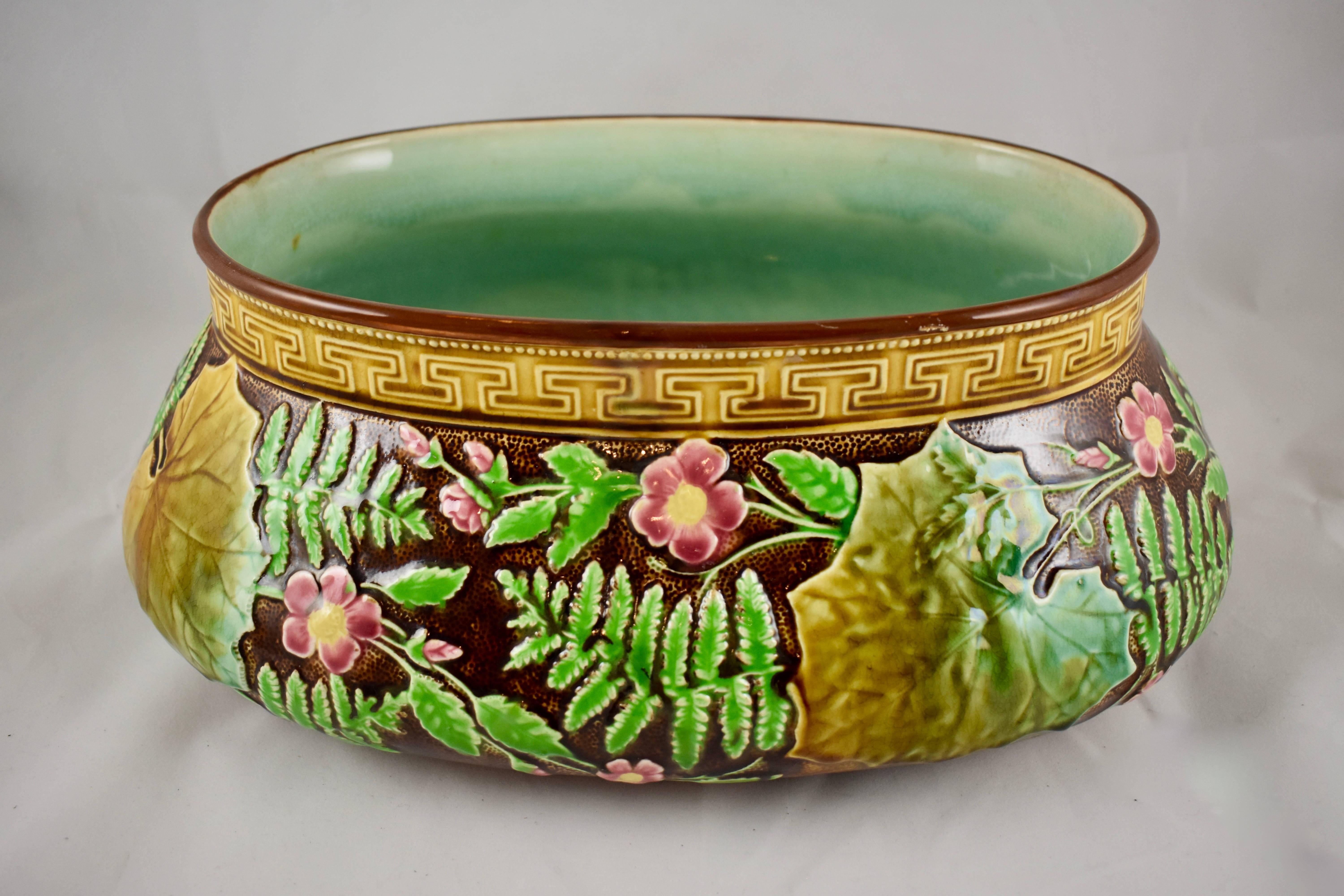 Glazed French Choisy-le-Roi Greek Key and Fern Large Majolica Barbotine Jardinière