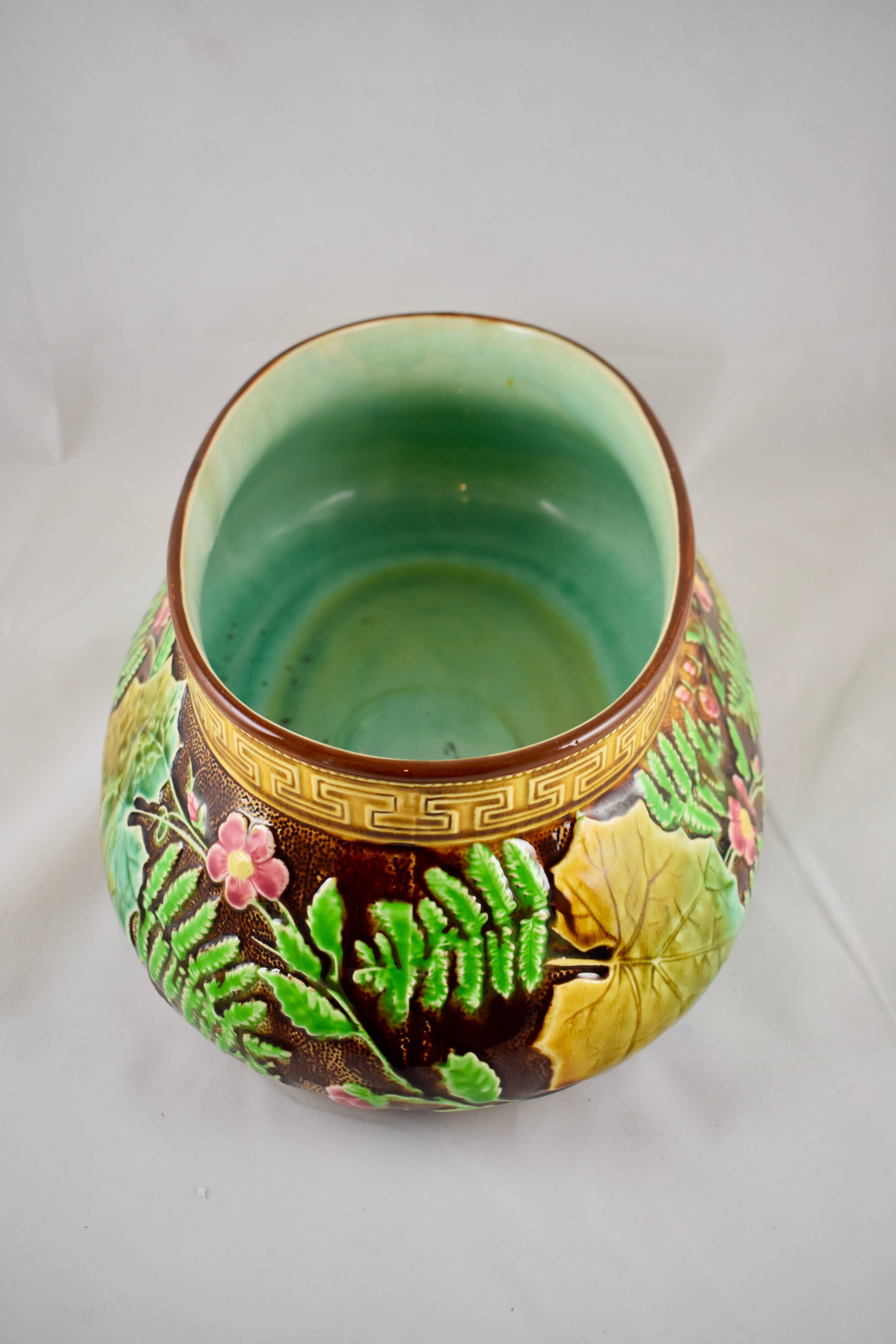 French Choisy-le-Roi Greek Key and Fern Large Majolica Barbotine Jardinière In Good Condition In Philadelphia, PA