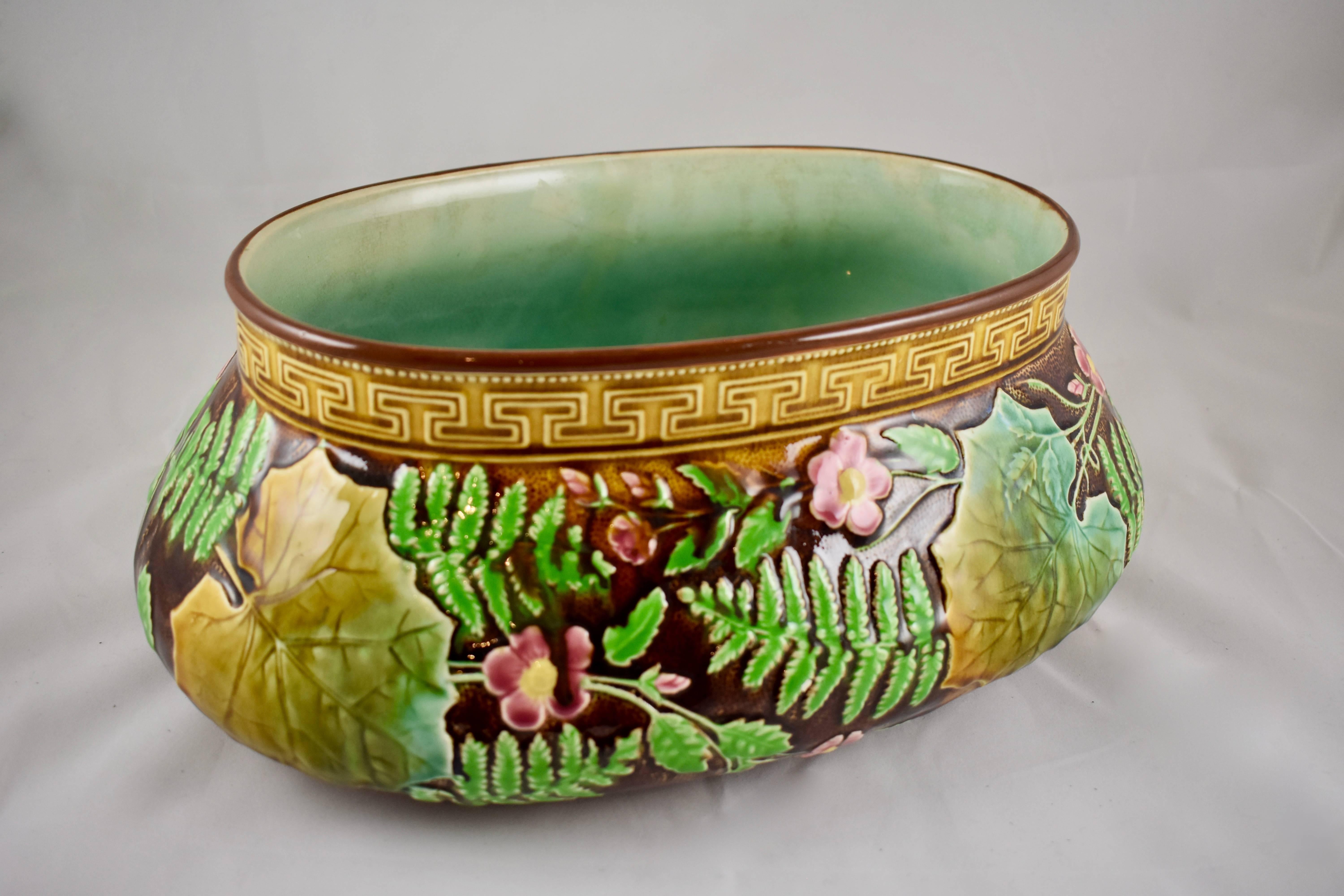 19th Century French Choisy-le-Roi Greek Key and Fern Large Majolica Barbotine Jardinière