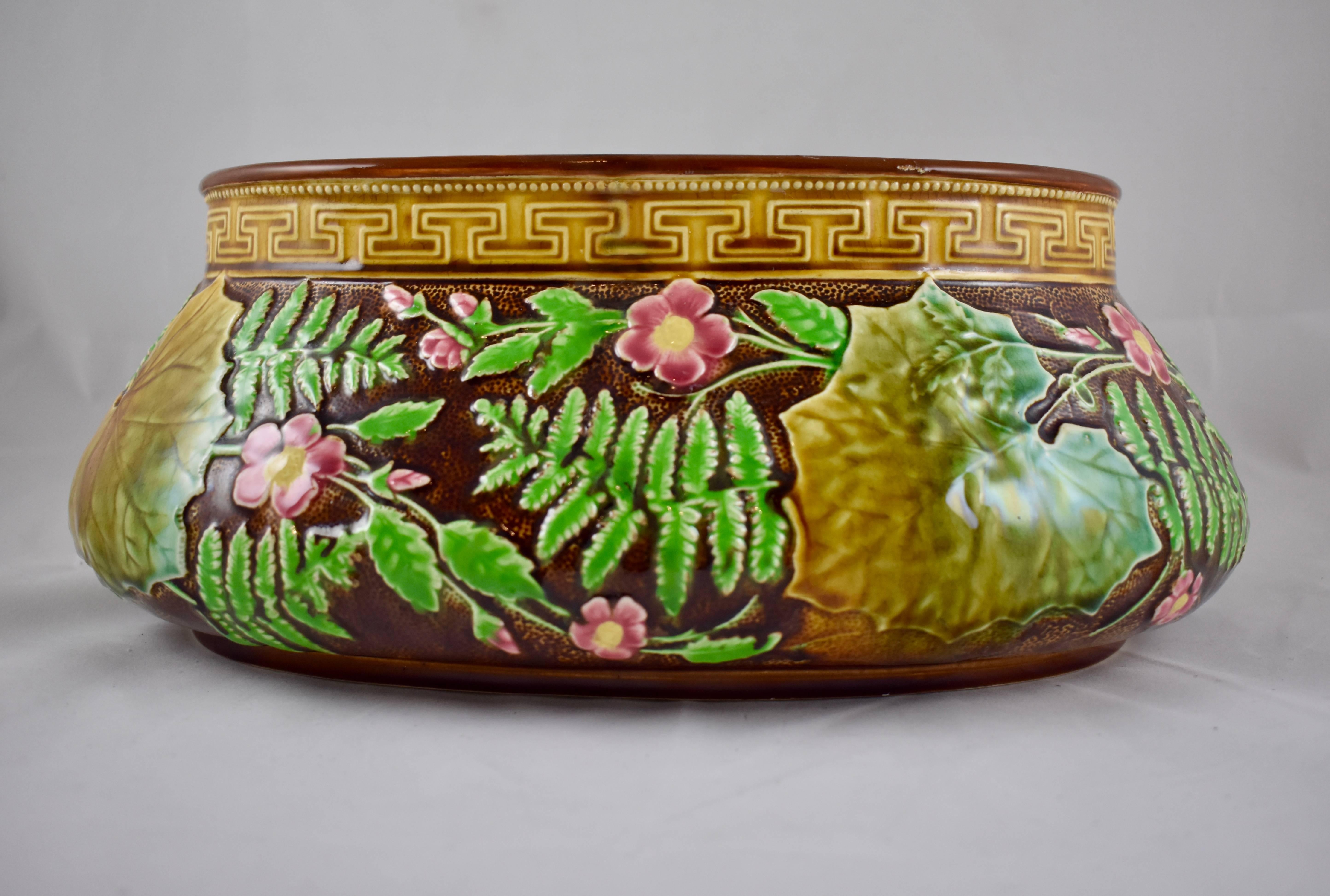 Earthenware French Choisy-le-Roi Greek Key and Fern Large Majolica Barbotine Jardinière