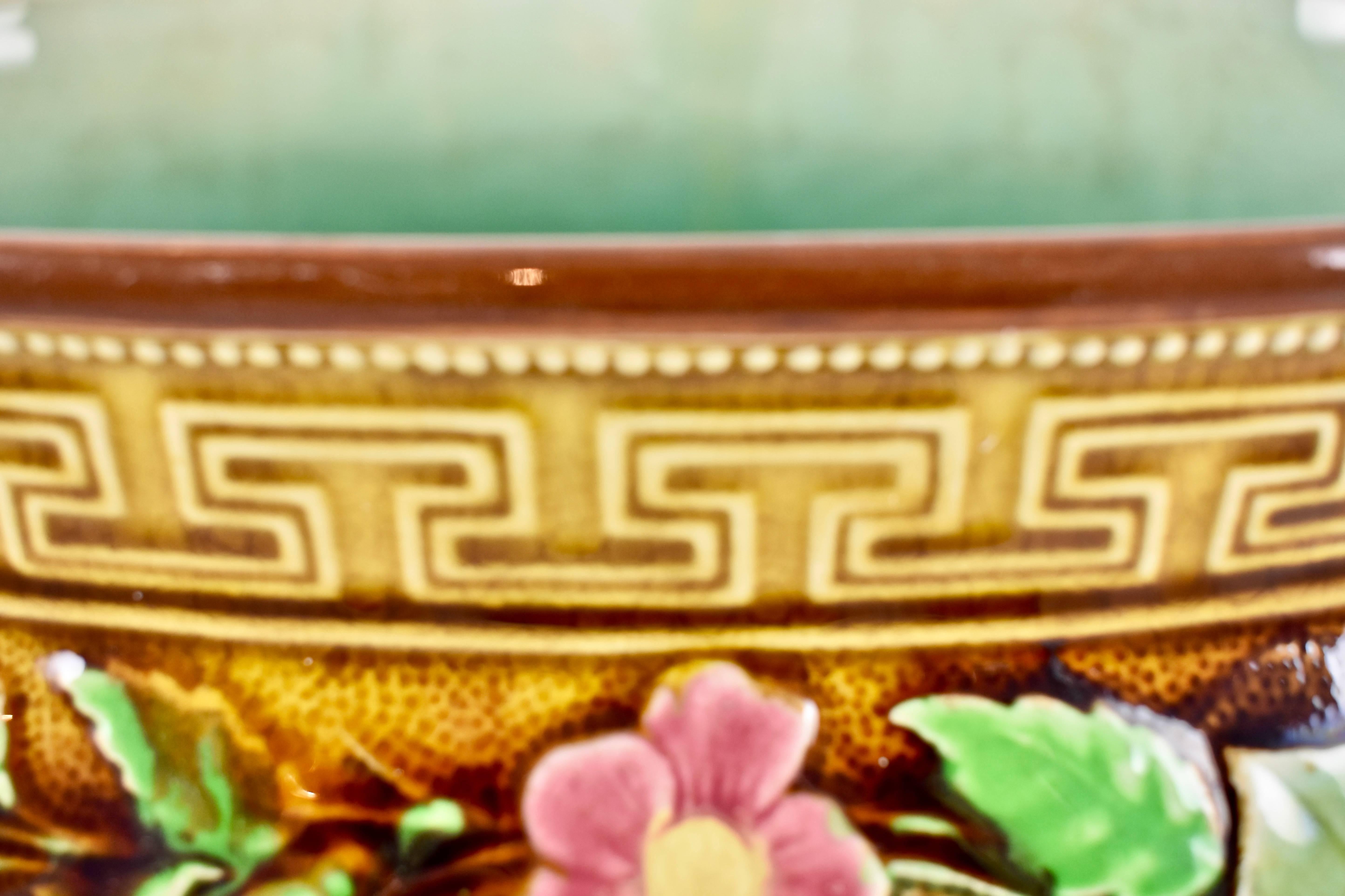 French Choisy-le-Roi Greek Key and Fern Large Majolica Barbotine Jardinière 1