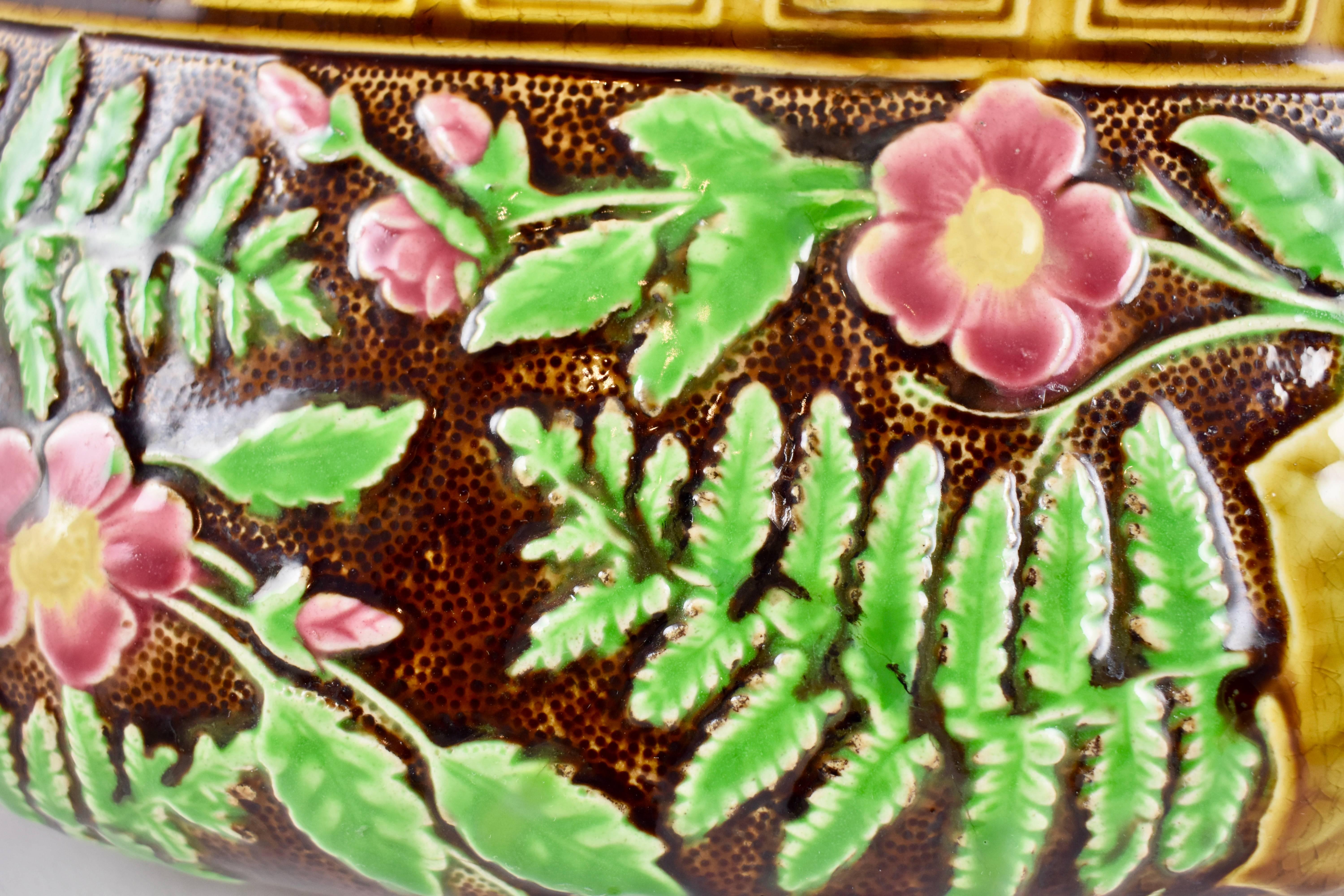 French Choisy-le-Roi Greek Key and Fern Large Majolica Barbotine Jardinière 2