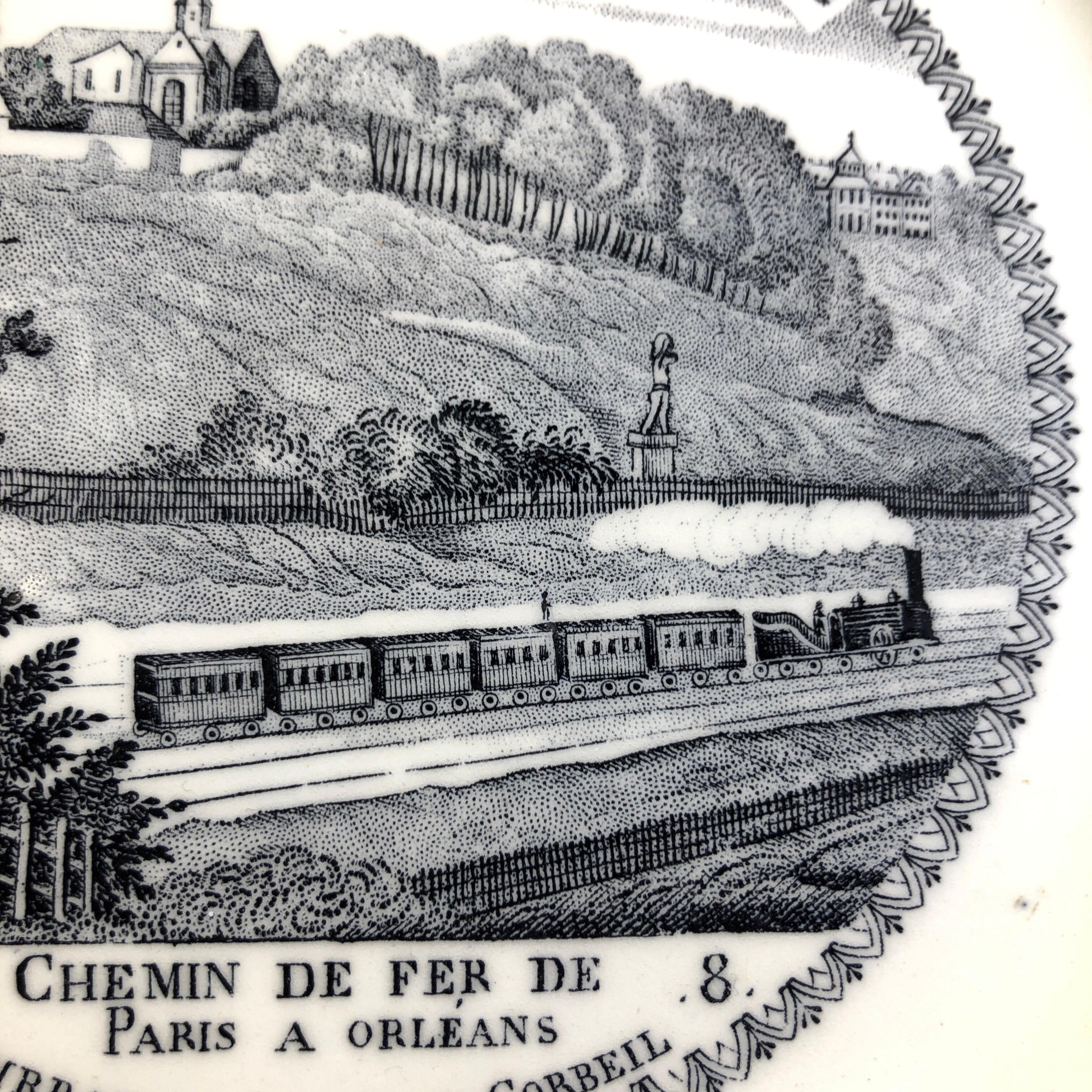 French Choisy Plate with Railway Scene- Train on Paris-Orleans Line, circa 1850 For Sale 1