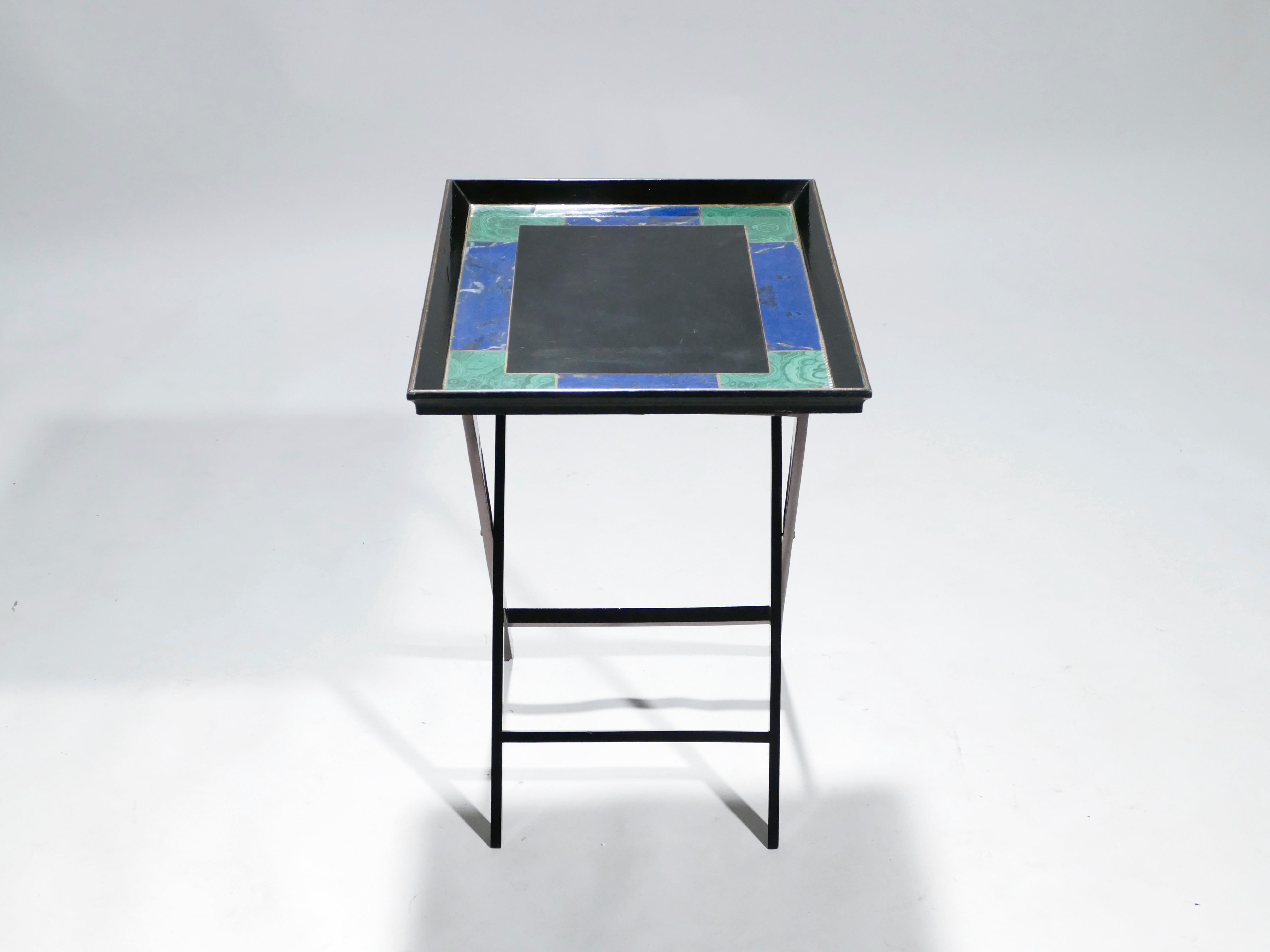 Lacquered French Christian Dior Faux Malachite Folding Tray Table, 1970s