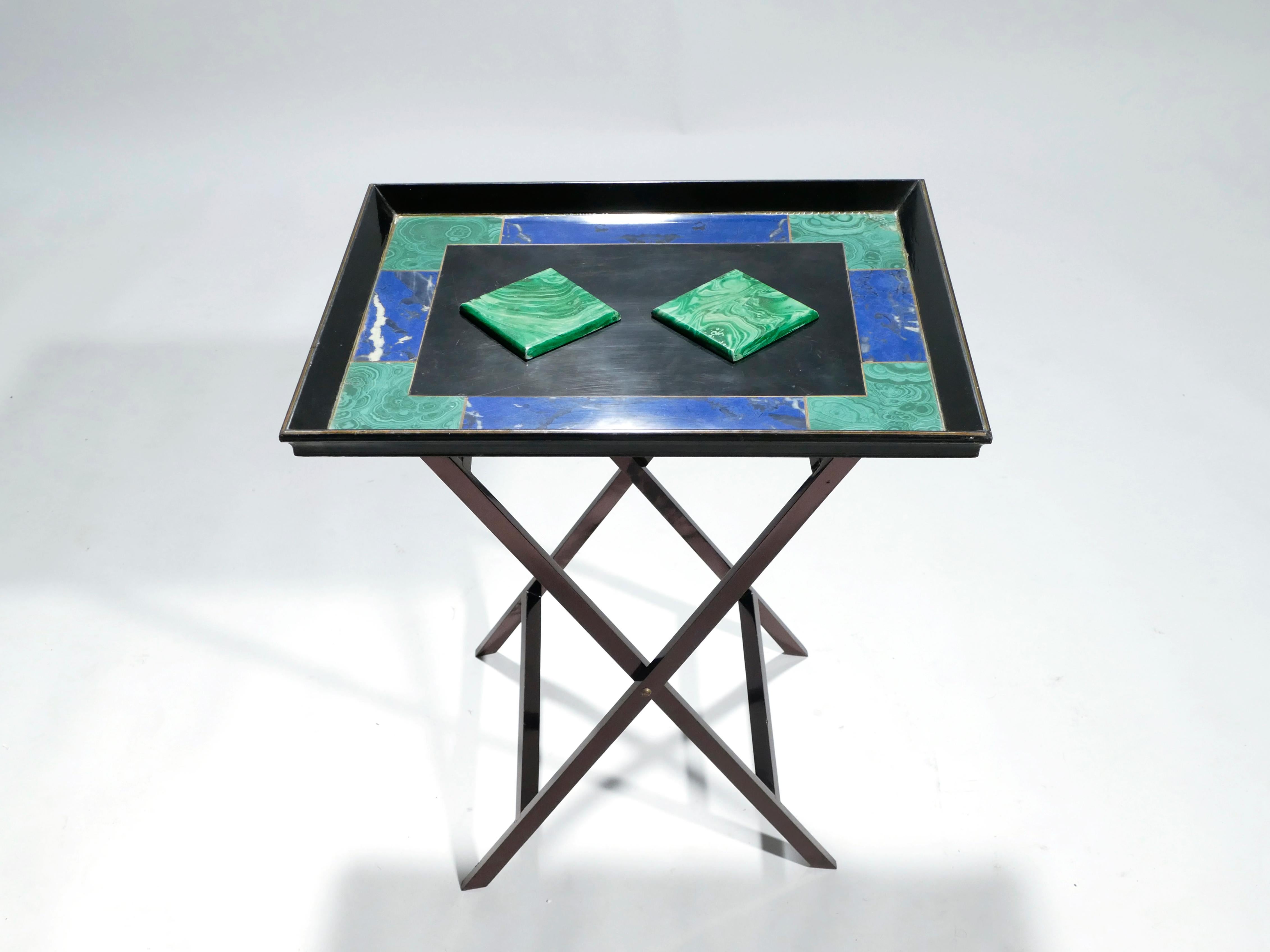 Lacquered French Christian Dior Faux Malachite Folding Tray Table, 1970s For Sale