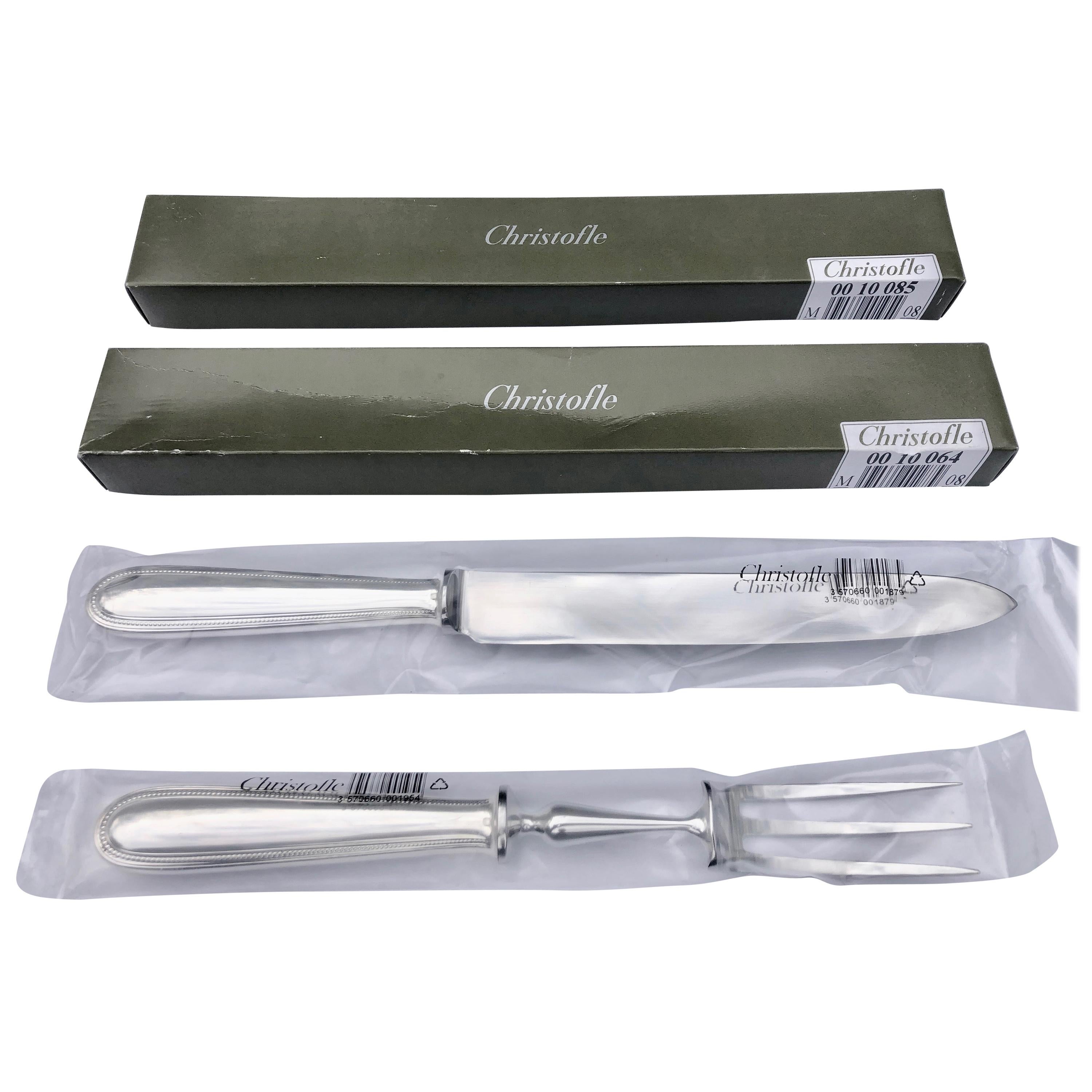 French Christofle Perles Silver Plated Carving Set with Knife and Fork For Sale