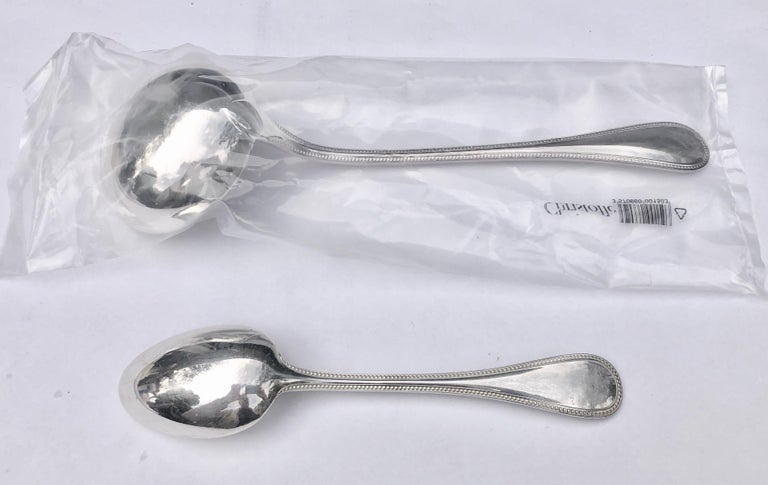 Modern French Christofle Set of 12 Soup Spoons, 1 Soup Ladle Perles New in Original Box For Sale