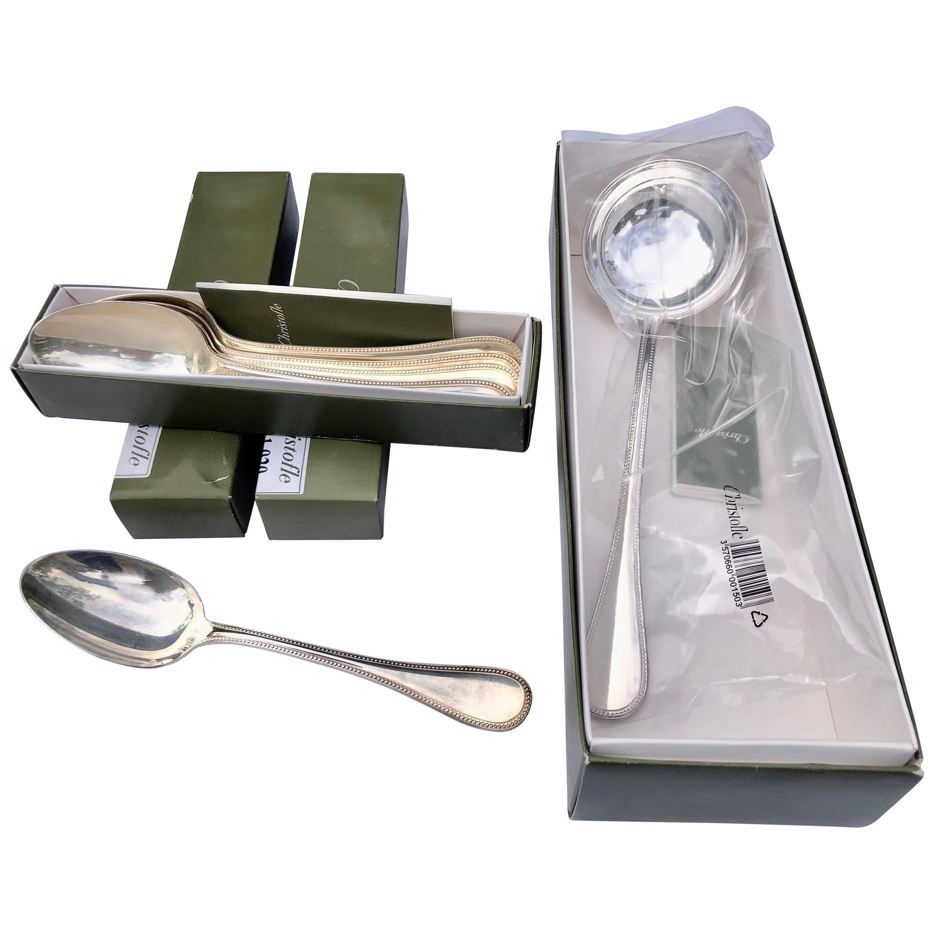 French Christofle Set of 12 Soup Spoons, 1 Soup Ladle Perles New in Original Box For Sale