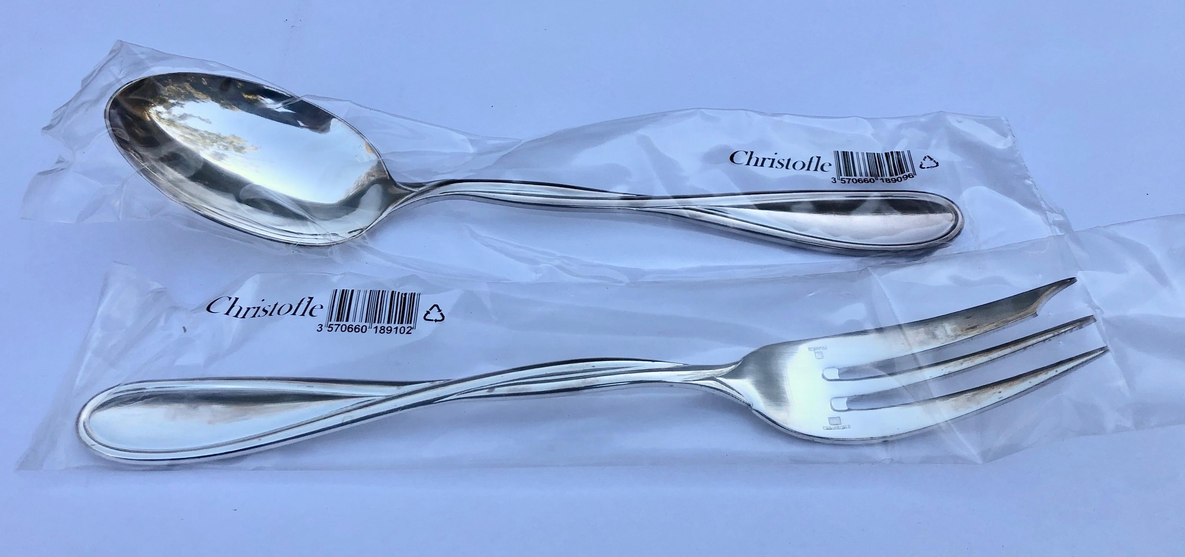 20th Century French Christofle Silver Plated Galea, a Pair of Serving Fork and Spoon, New For Sale