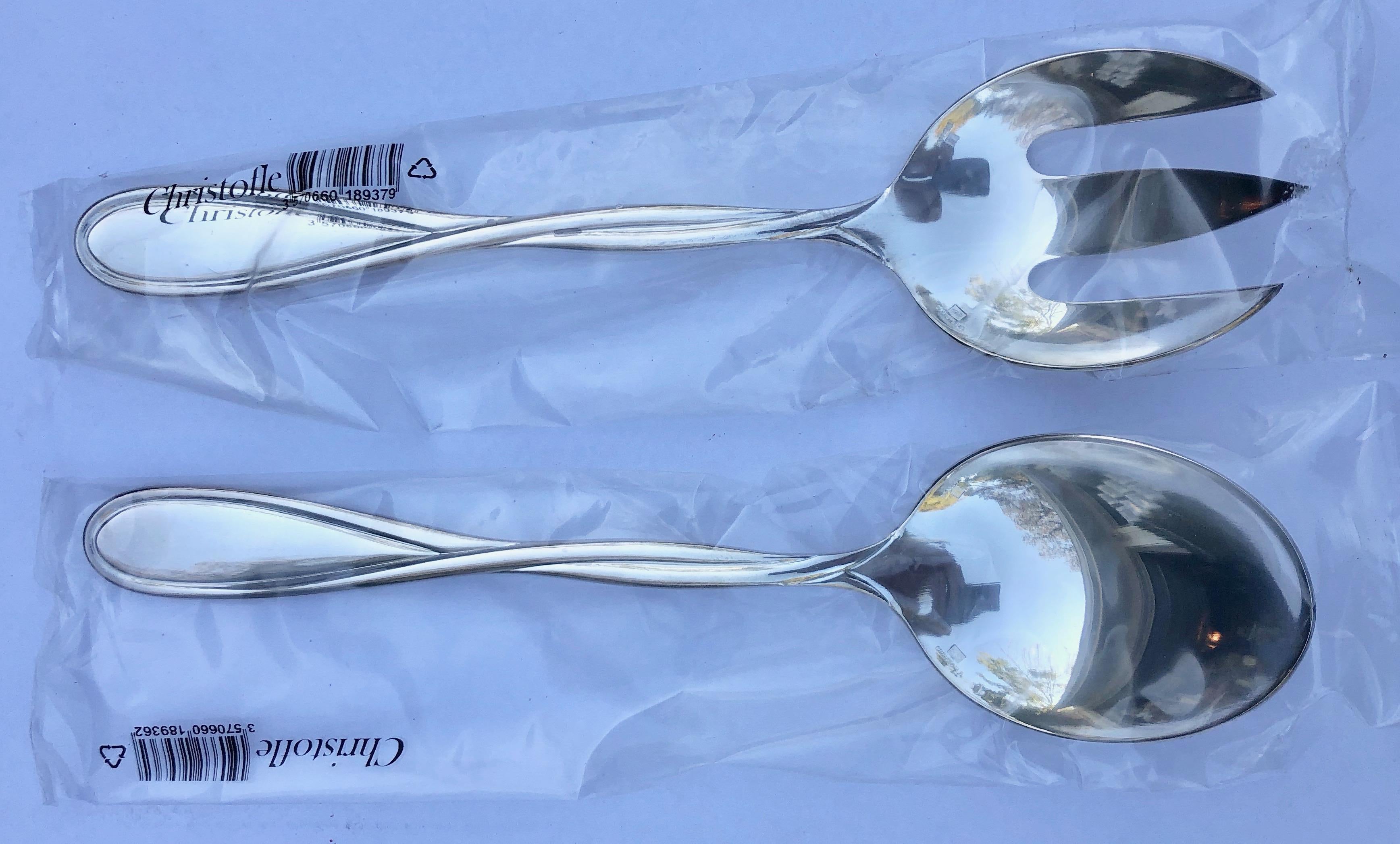 Modern French Christofle Silver Plated Galea, Salad Set of a Serving Fork and Spoon For Sale
