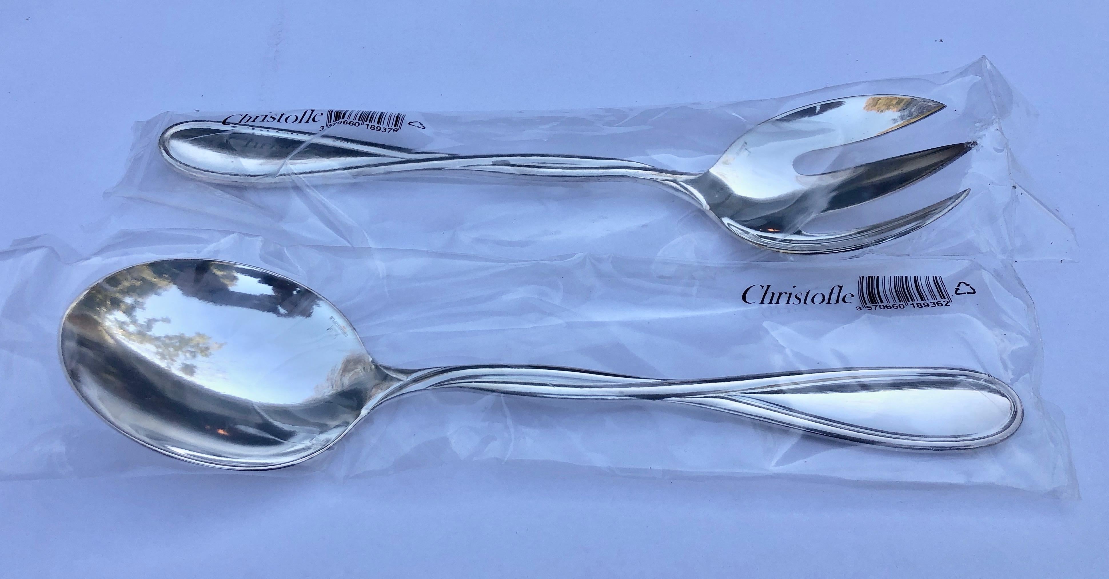 French Christofle Silver Plated Galea, Salad Set of a Serving Fork and Spoon In Excellent Condition For Sale In Petaluma, CA