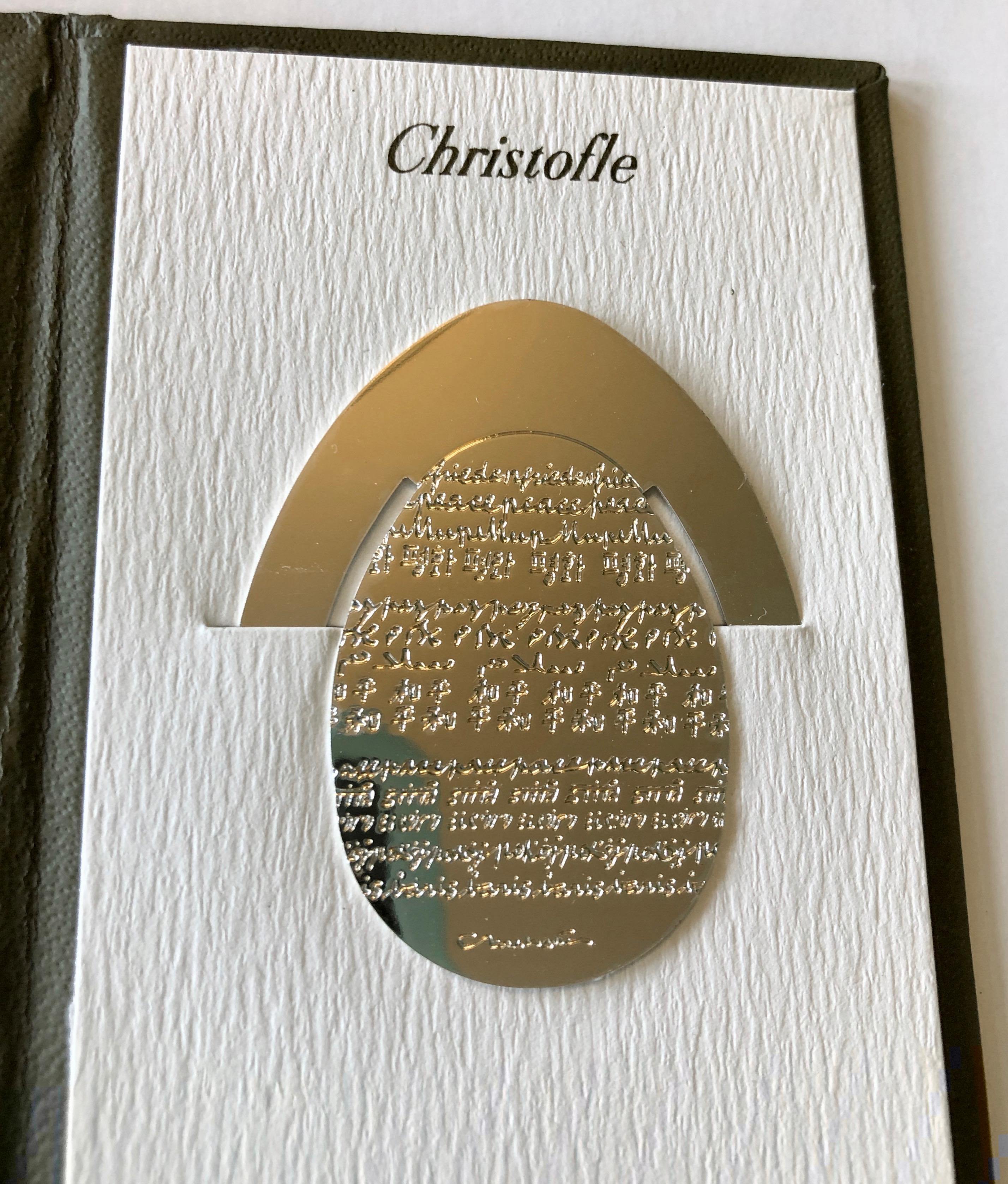French Christofle Silver Plated Peace Egg Book Page Marker with Case, New In Excellent Condition For Sale In Petaluma, CA