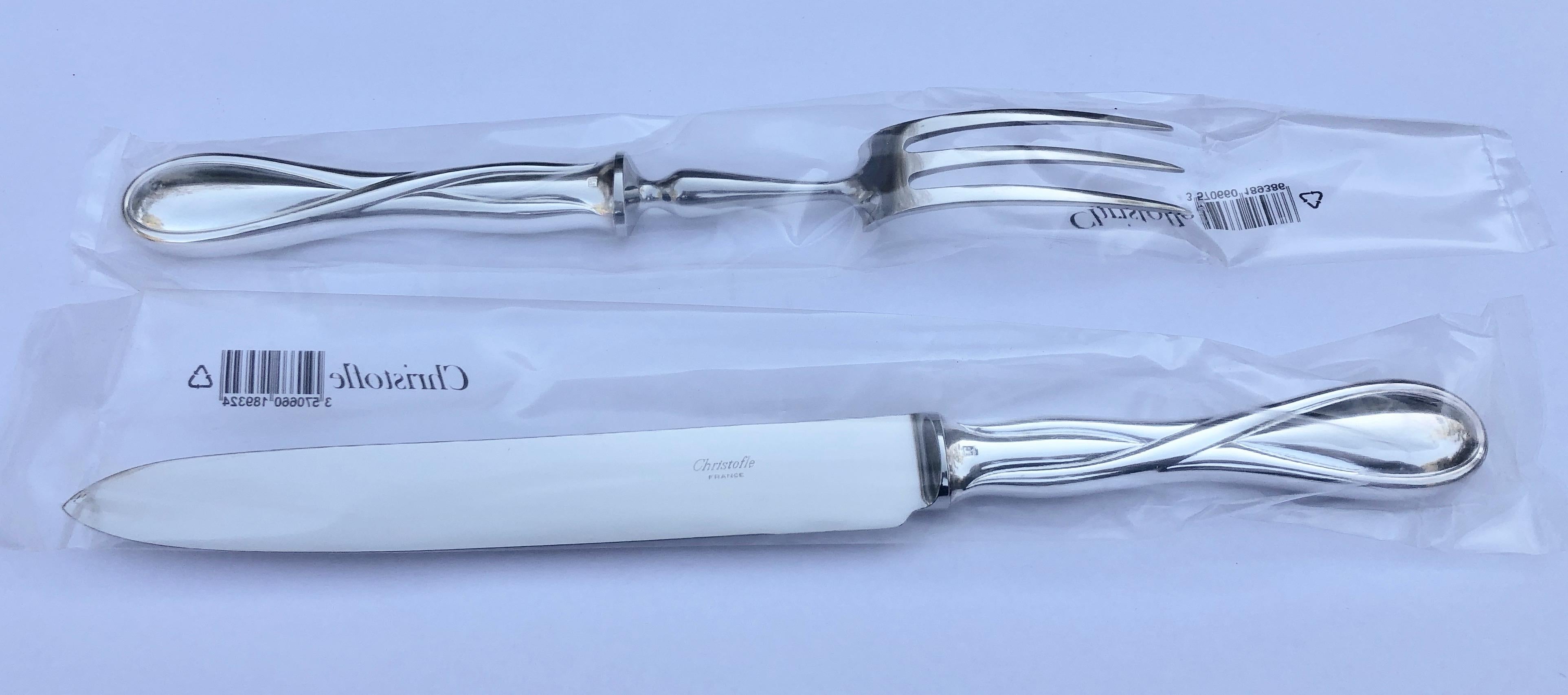 Modern French Christofle Silverplated Galea, Carving Fork and Knife Set, New in Box For Sale